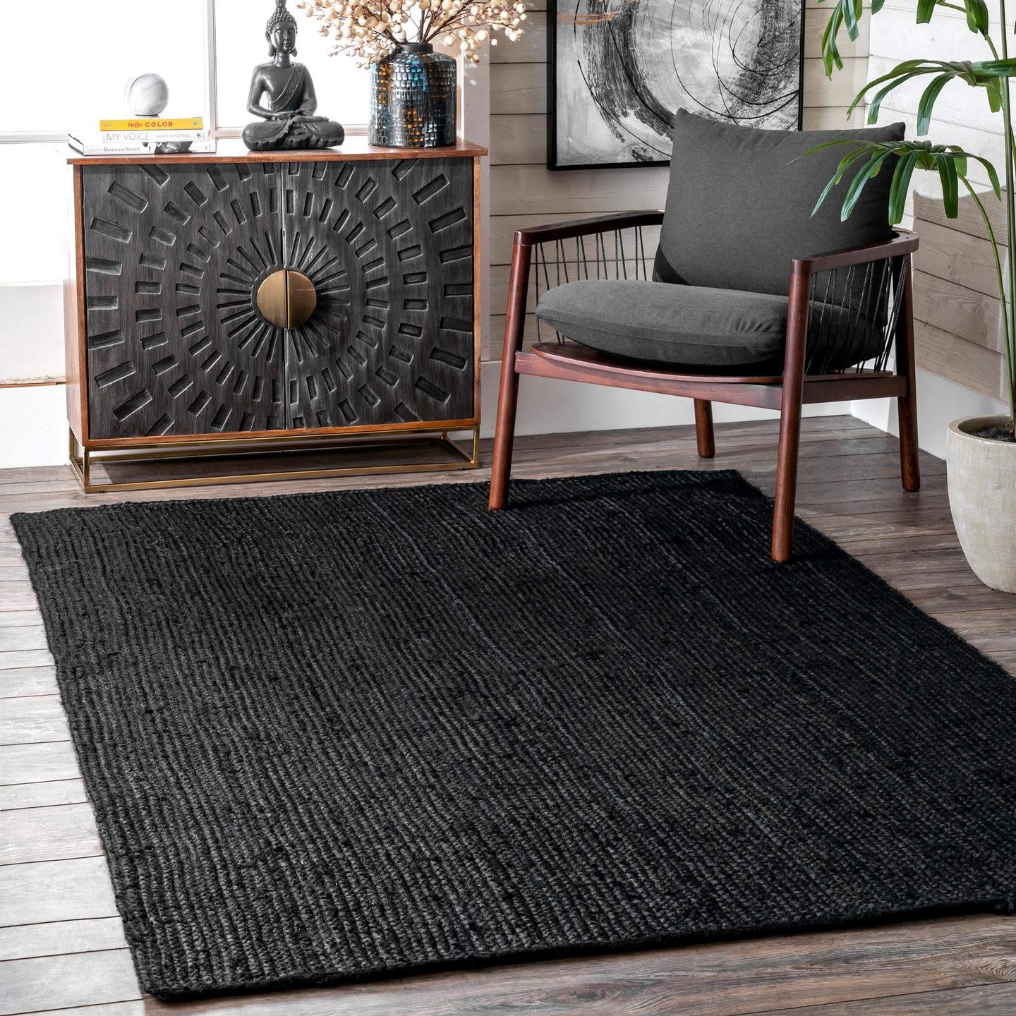 nuLOOM 8x10 Rigo Jute Hand Woven Area Rug, Black, Solid Farmhouse Design, Natural Fiber, For Bedroom, Living Room, Dining Room, 