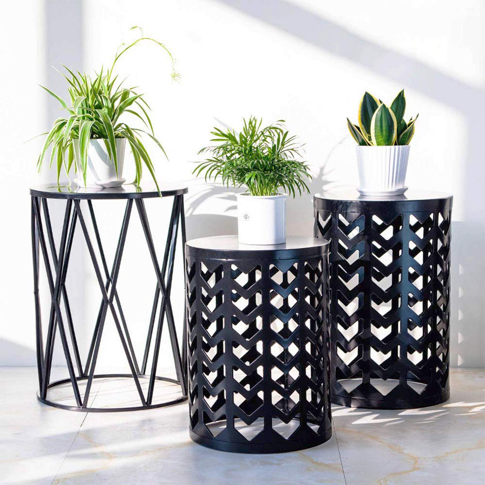 Y&M Set Of 3 Metal Round Coffee Accent Table, Side Table End Table For Indoor Outdoor Multifunctional Use,Heavy Duty Metal Plant Stand Decorative Garden Stool- Black(Ship From Us)