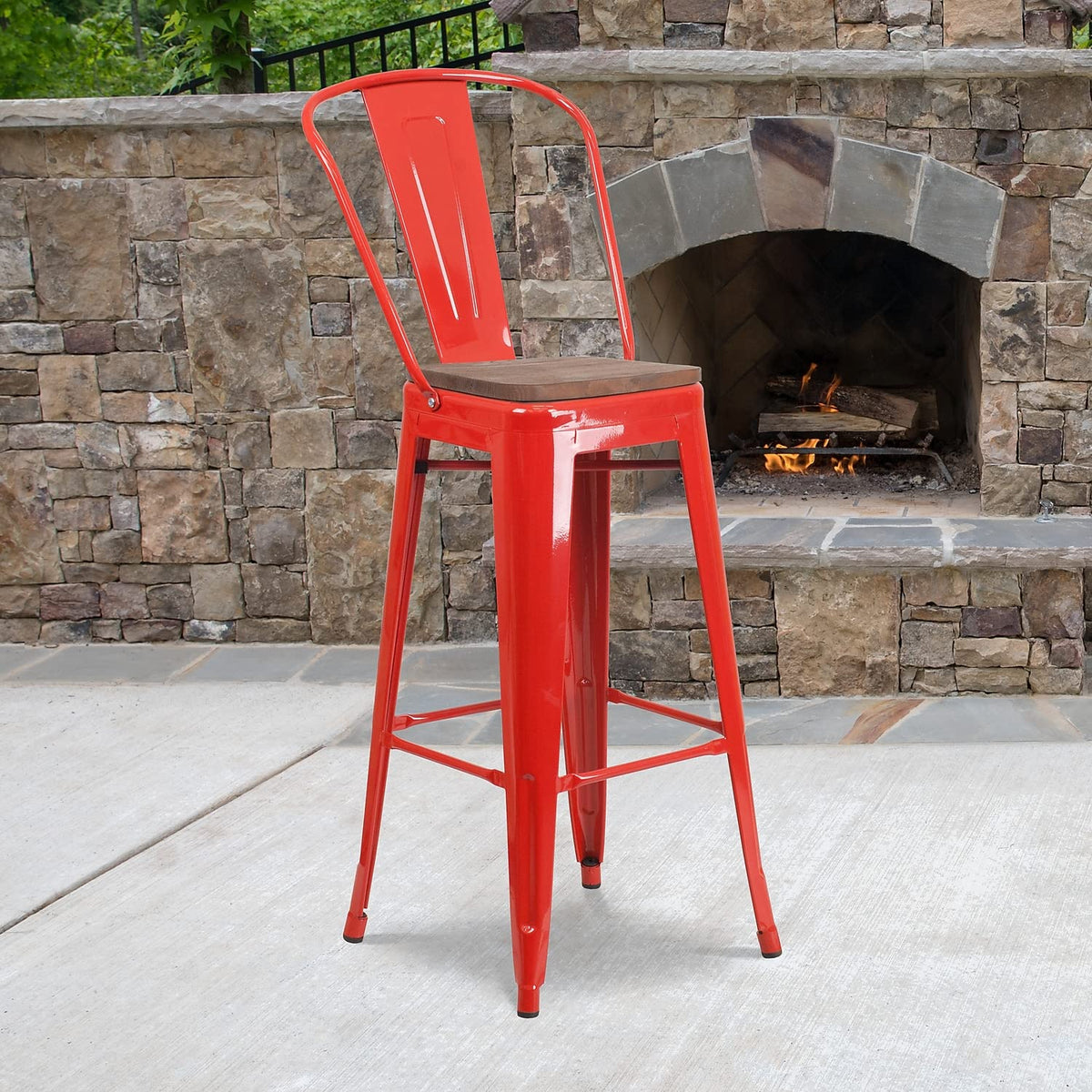 Flash Furniture Lily 30&quot; High Red Metal Barstool with Back and Wood Seat (Pack of 1)