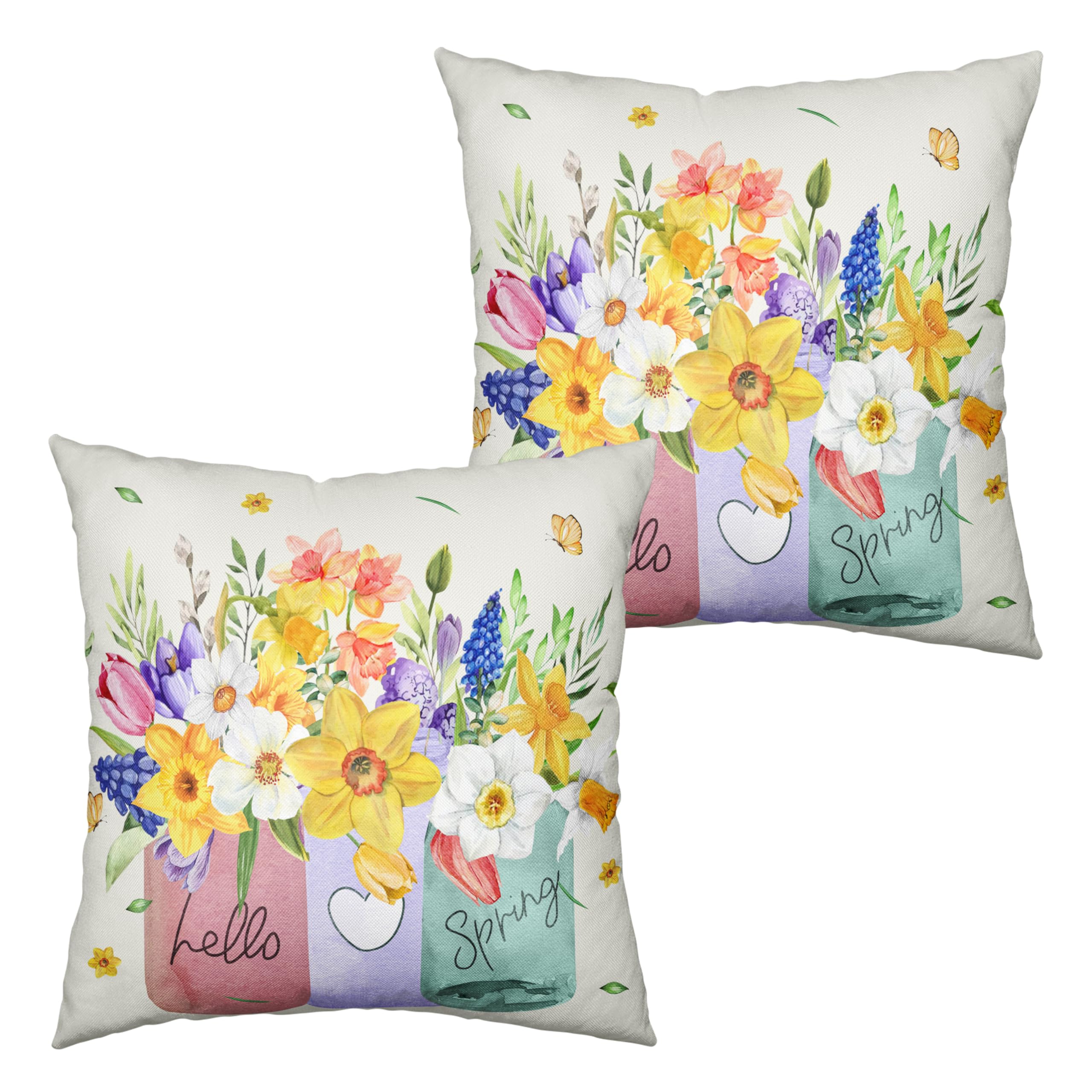 Kwlegh Spring Throw Pillow Covers 18X18 Set Of 2 Daffodils Flower Pillow Covers Floral Vase Outdoor Pillowcase Watercolor Cotton