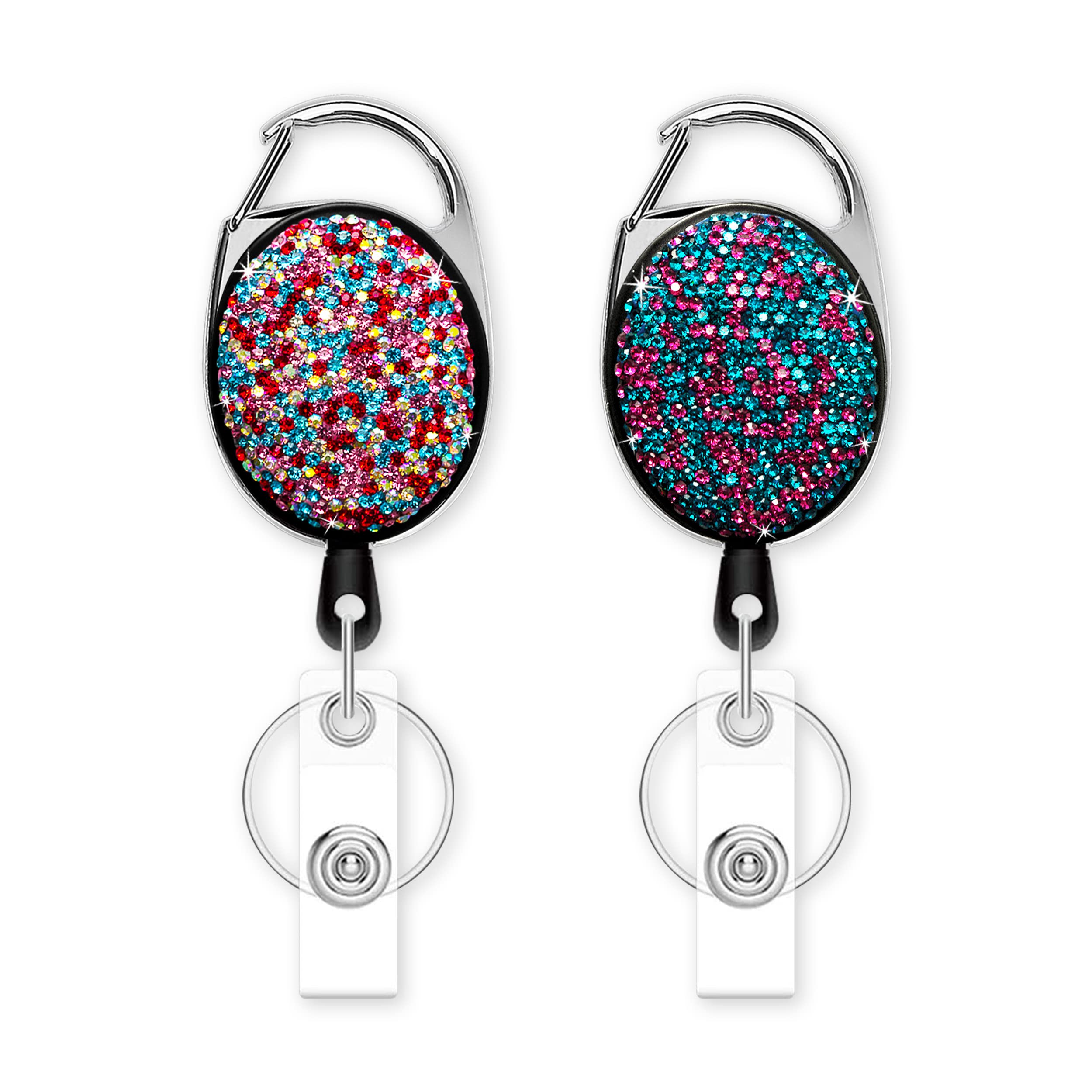 Retractable Id Badge Holder Set, Multipurpose Shiny Bling Rhinestone Badge Reel Keychain With Belt Clip, Key Ring, Id Badge Stra