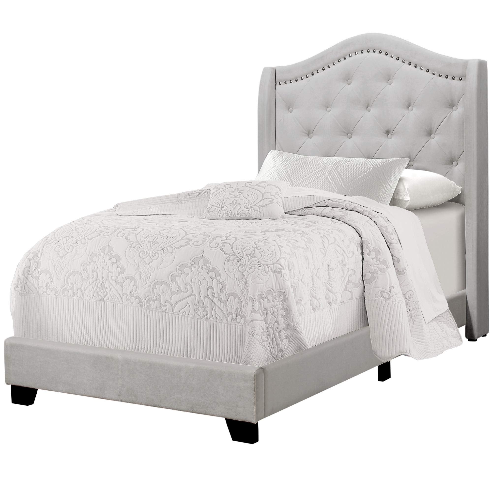 Monarch Specialties I Size/Light Grey Velvet with Chrome Trim Twin Bed, Double,