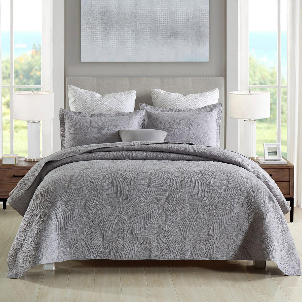Mixinni Grey Palm Tree Pattern Soft Cotton Quilt Set For Him And Her-Queen Size