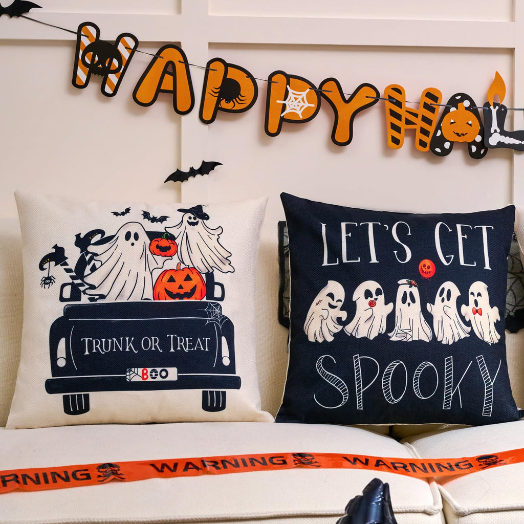 Hongsome Ghost Halloween Decor-Throw Pillow Covers 18X18In Set Of 4,Spooky Gothic Linen Pillow Case For Couch Fall Christmas Hol