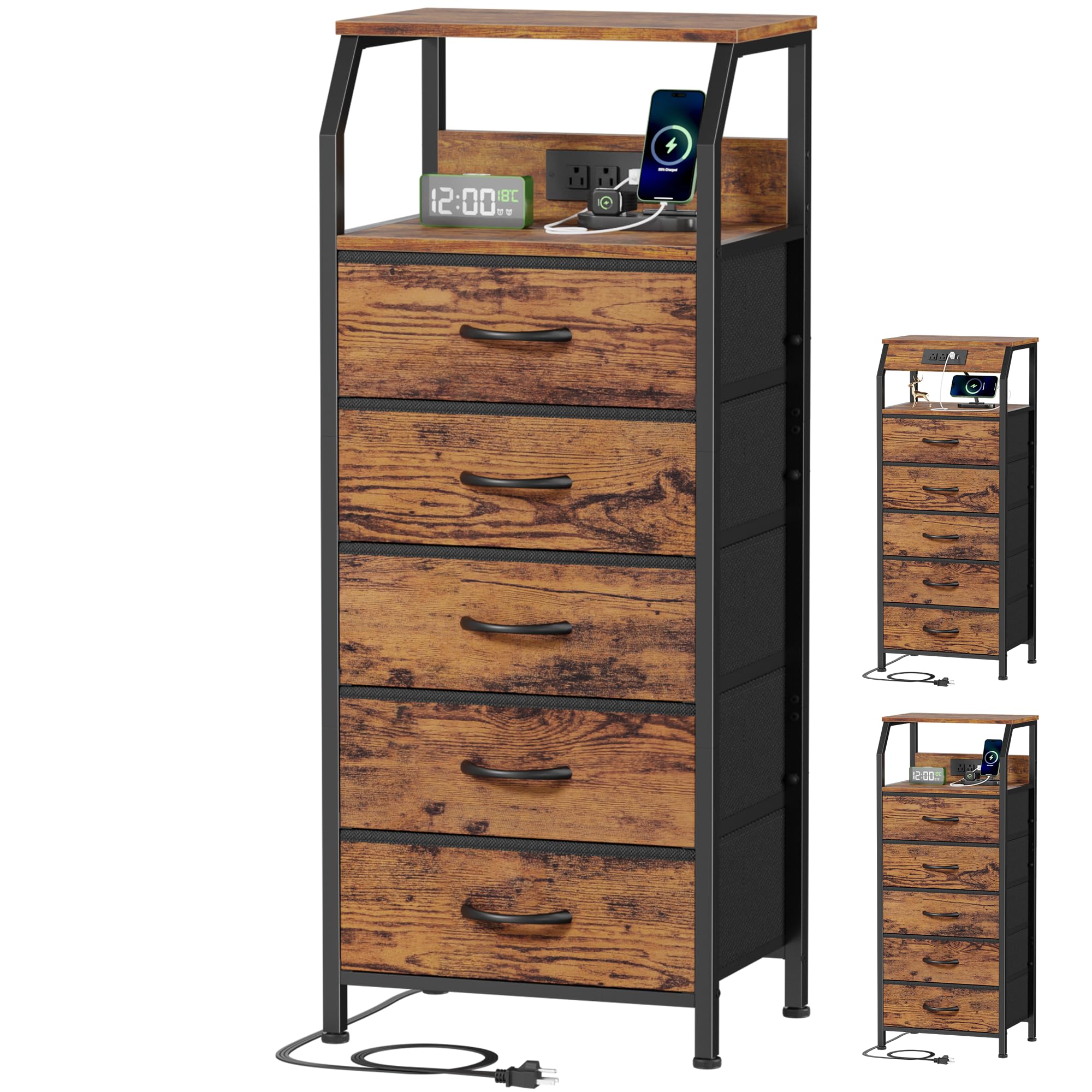 Furnulem 5 Drawers Dresser With Charging Station, Tall Night Stand With Storage Shelf, Fabric Chest Of Drawers, Bedside Table For Closet, Entryway, Bedroom Furniture, 3 Ways To Use, Rustic Brown