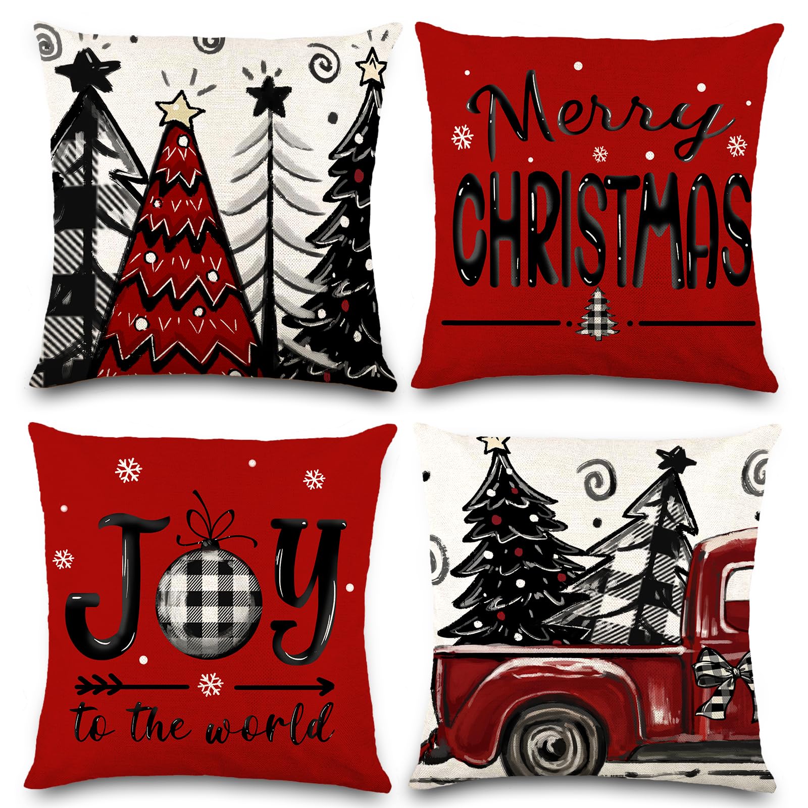 Diydec 4Pcs Christmas Pillow Covers 20X20 Inch Red Pillow Covers Xmas Decorations Buffalo Tree Truck Merry Christmas Pillows Win