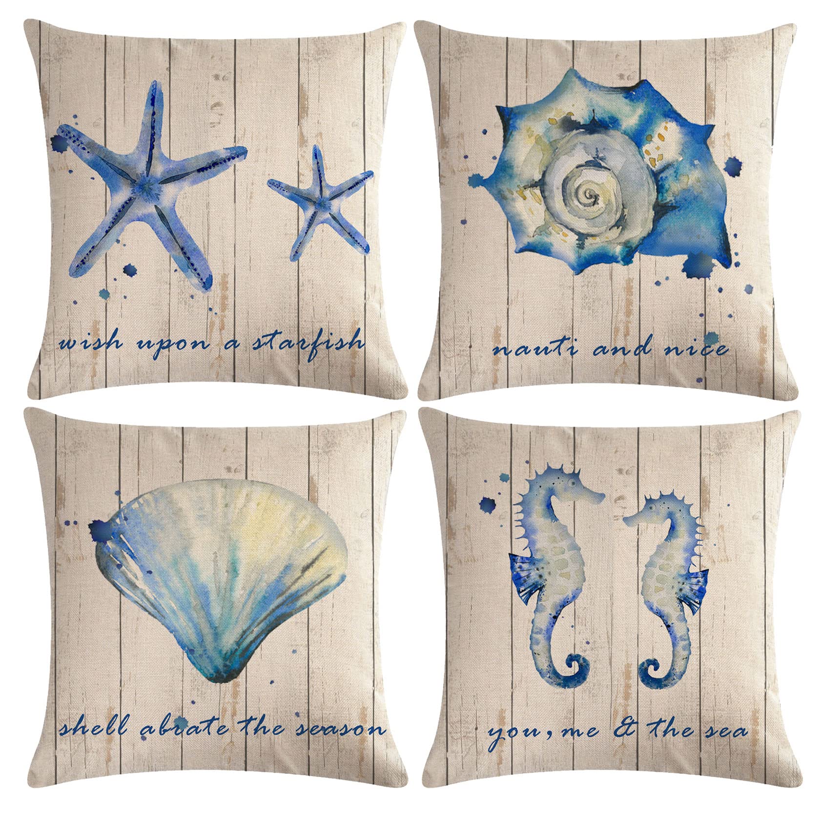 7Colorroom Set Of 4 Vintage Sea Pillow Covers Wood Grain Starfish Hippocampus Seashells With Quotes Ocean Theme Cushion Cover Na