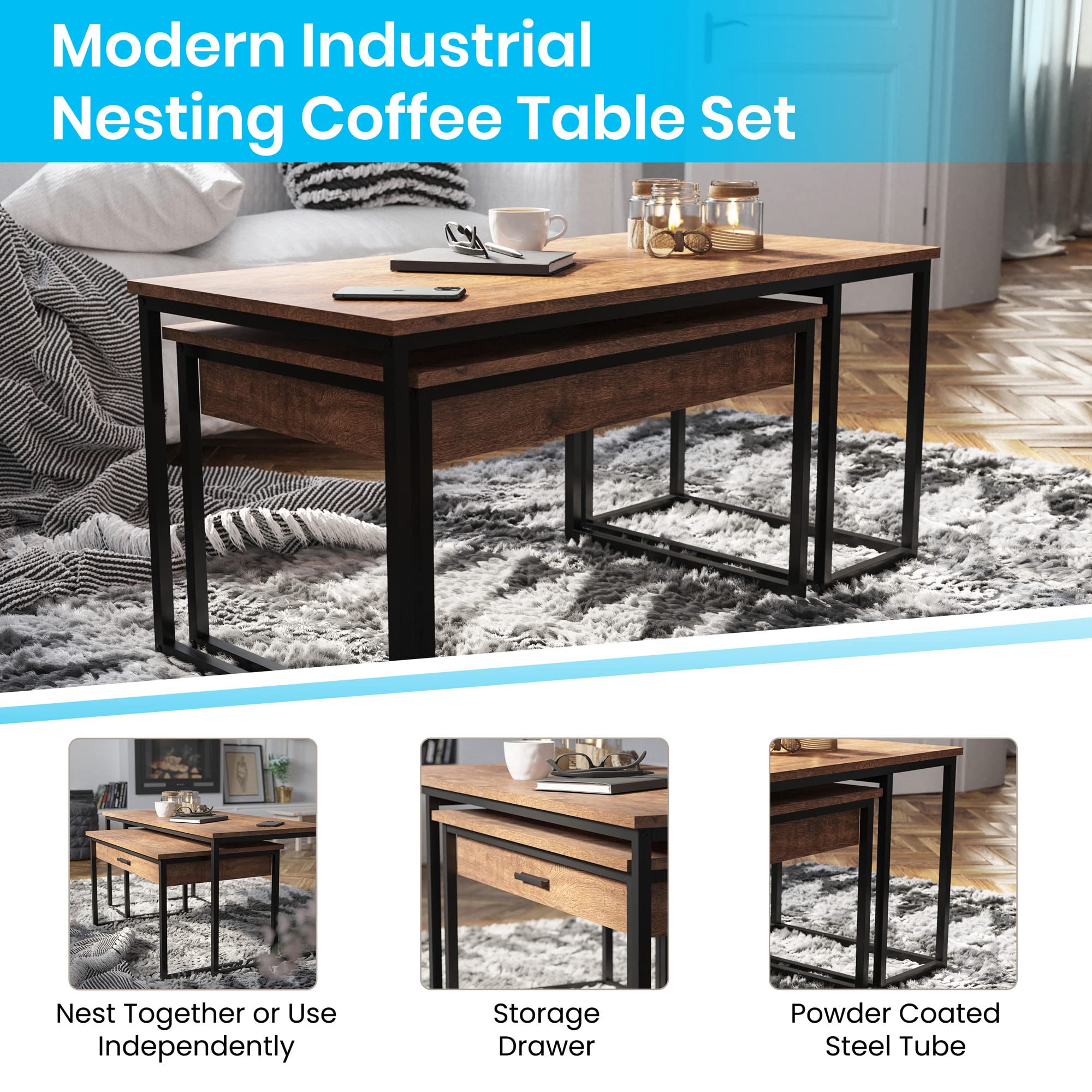 Flash Furniture Emerson 2 Piece Nesting Coffee Table Set - Engineered Wood Top in Walnut Finish - Black Sled Base Steel Frames - Storage Drawer