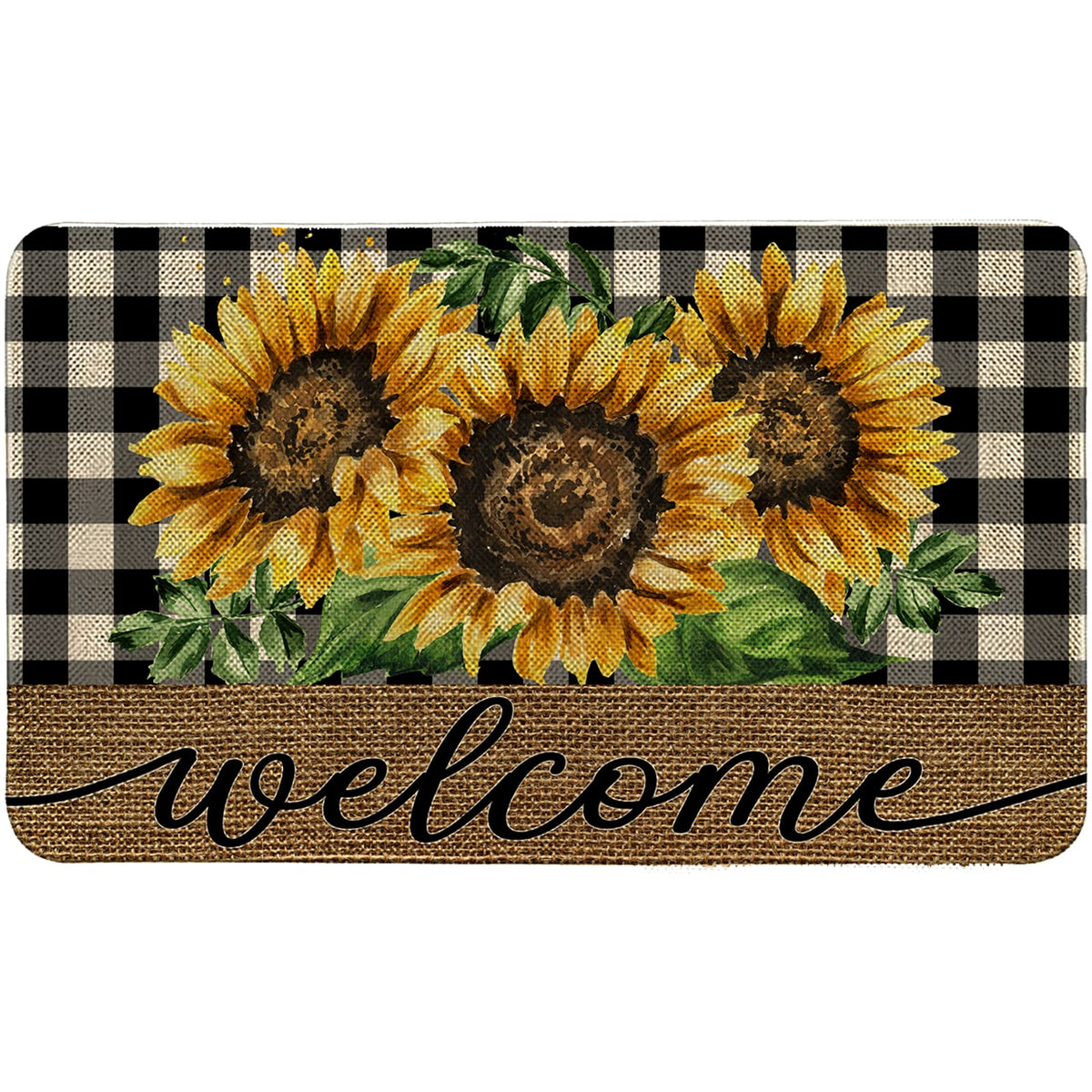Anydesign Sunflower Welcome Doormat Rustic Farmhouse Buffalo Plaids Front Door Mat Non-Slip Spring Summer Decorative Flower Door