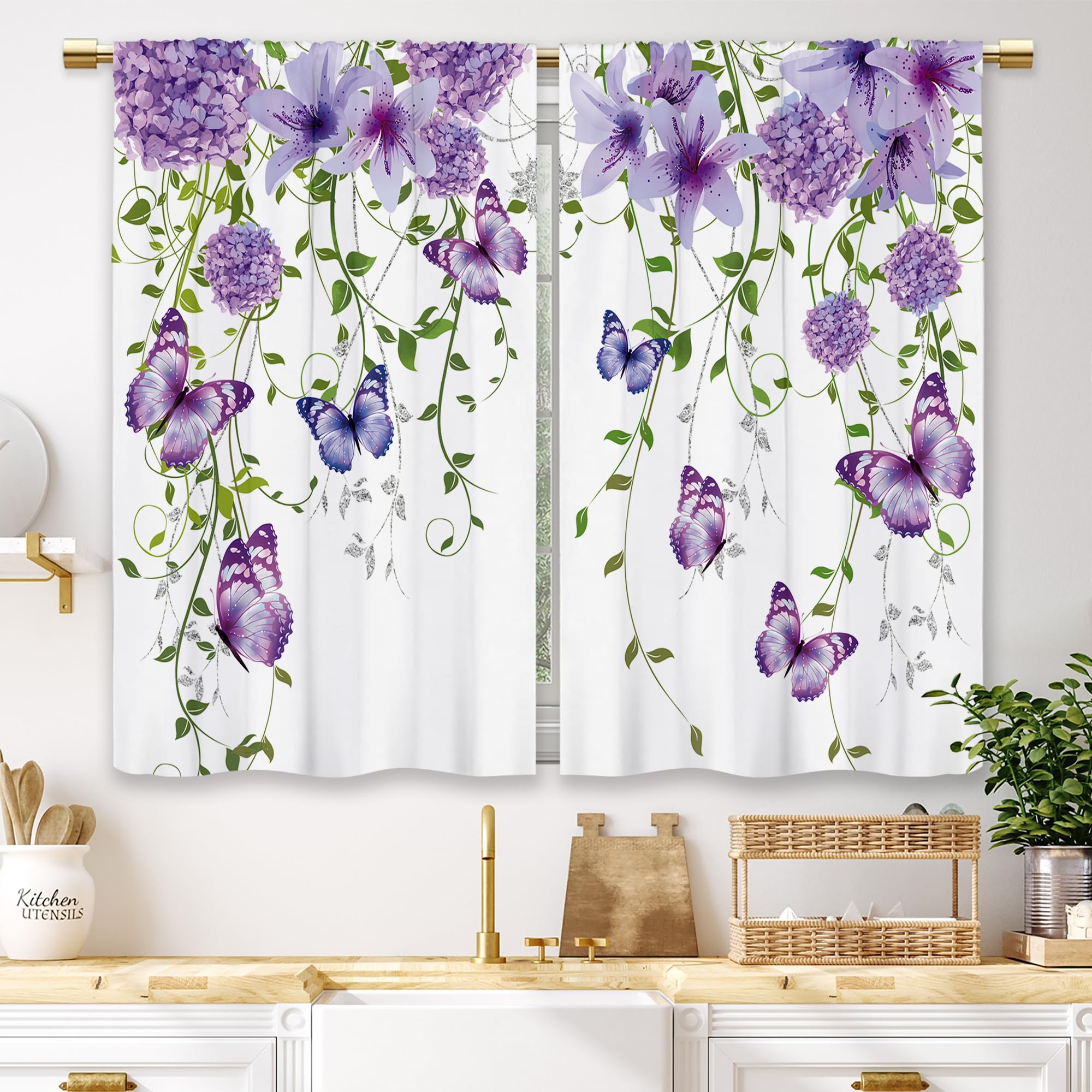 Laifzere Purple Floral Butterfly Kitchen Curtains Rustic Flower Small Short Cafe Window Curtains Farmhouse Spring Plant Botanica