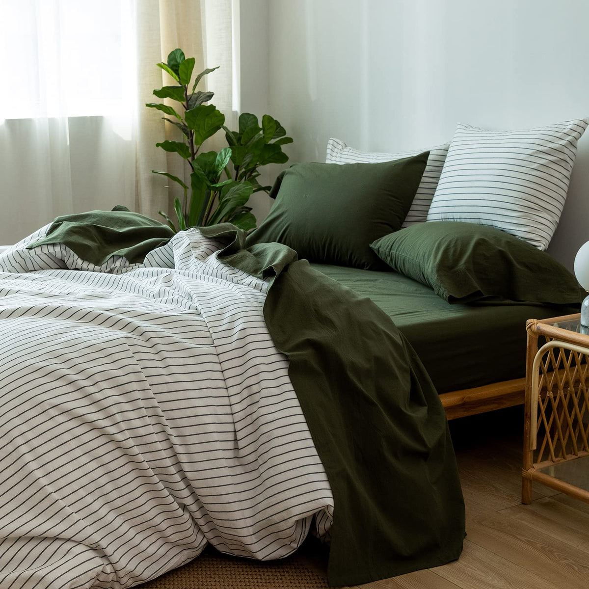 Moomee Bedding Sheet Set 100% Washed Cotton Linen Like Textured Breathable Durable Soft Comfy (Olive Green, Queen)
