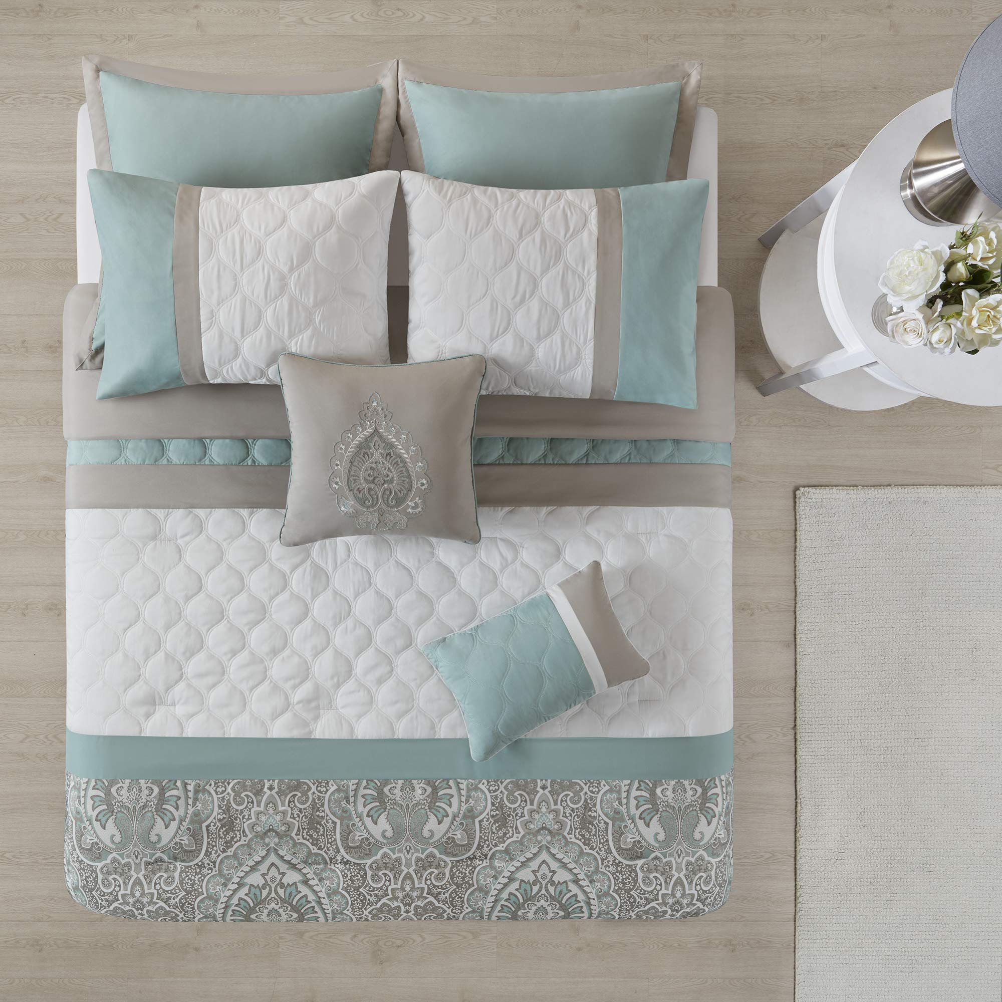 510 Design Luxe Quilted Comforter Set Modern Transitional Design, All Season Down Alternative Warm Bedding Matching Shams, Bedskirt, Decorative Pillow, King, Shawnee Scrollwork Seafoam