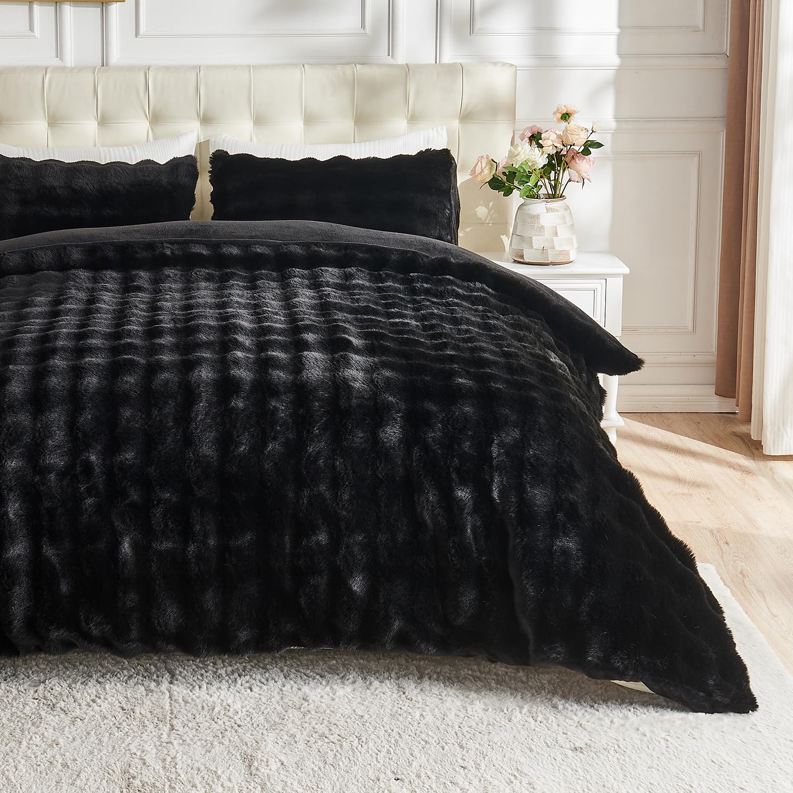 Lotus Karen Fluffy Comforter Cover Set-Rabbit Fluff Faux Fur Duvet Cover Queen Size,Black Plush Fuzzy Furry Bedding Sets 3Pieces
