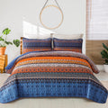 Wongs Bedding Boho Fall Queen Quilt Set, Blue And Orange Bohemian Queen Quilt Bedding Set, Lightweight Microfiber Bed Decor Beds