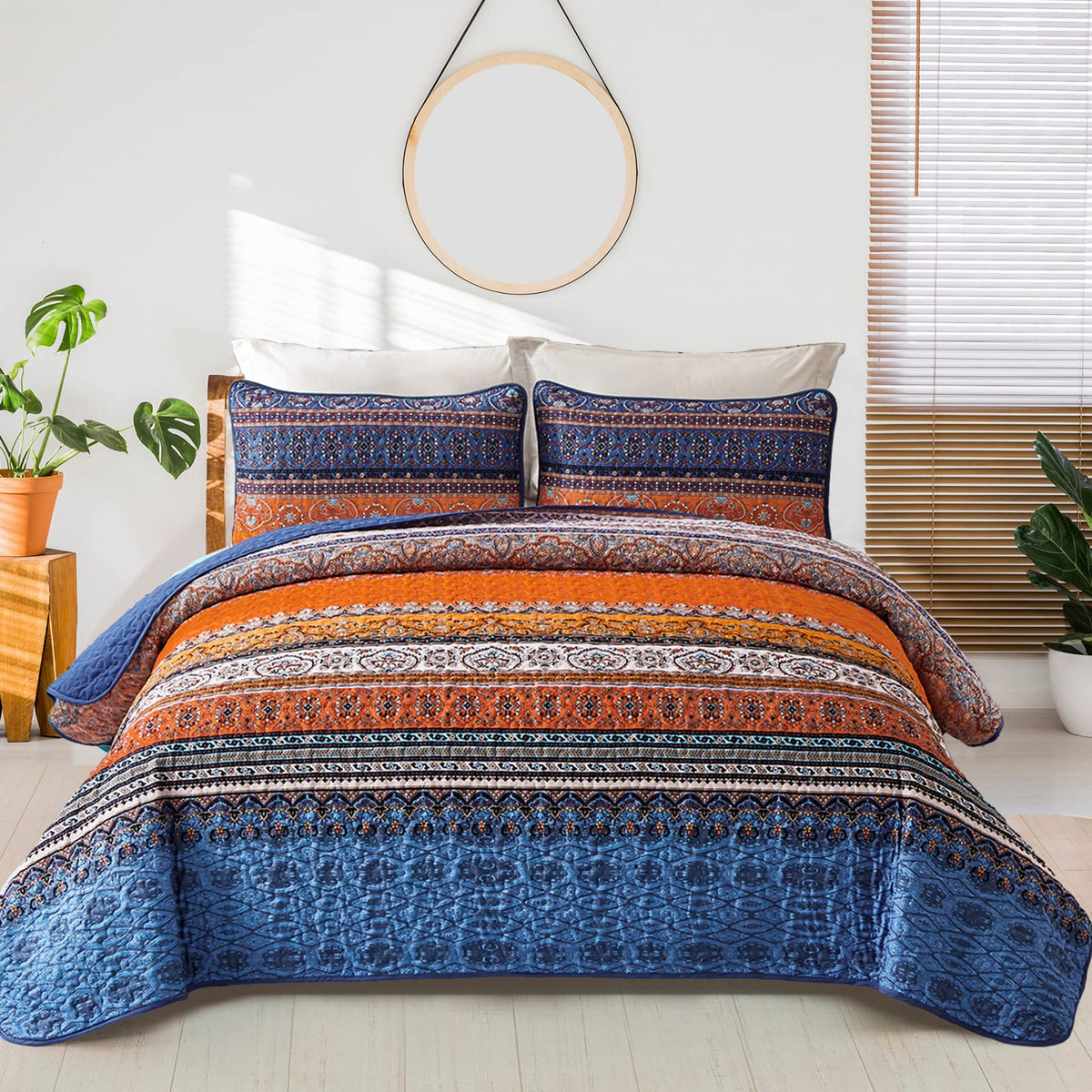 Wongs Bedding Boho Fall Queen Quilt Set, Blue And Orange Bohemian Queen Quilt Bedding Set, Lightweight Microfiber Bed Decor Beds
