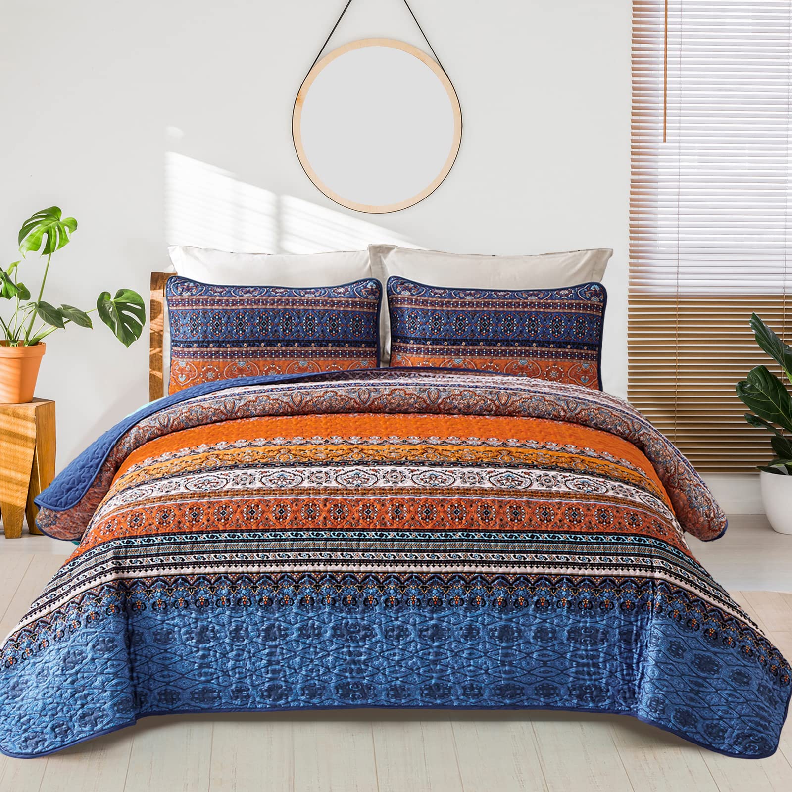 Wongs Bedding Boho Fall Queen Quilt Set, Blue And Orange Bohemian Queen Quilt Bedding Set, Lightweight Microfiber Bed Decor Beds