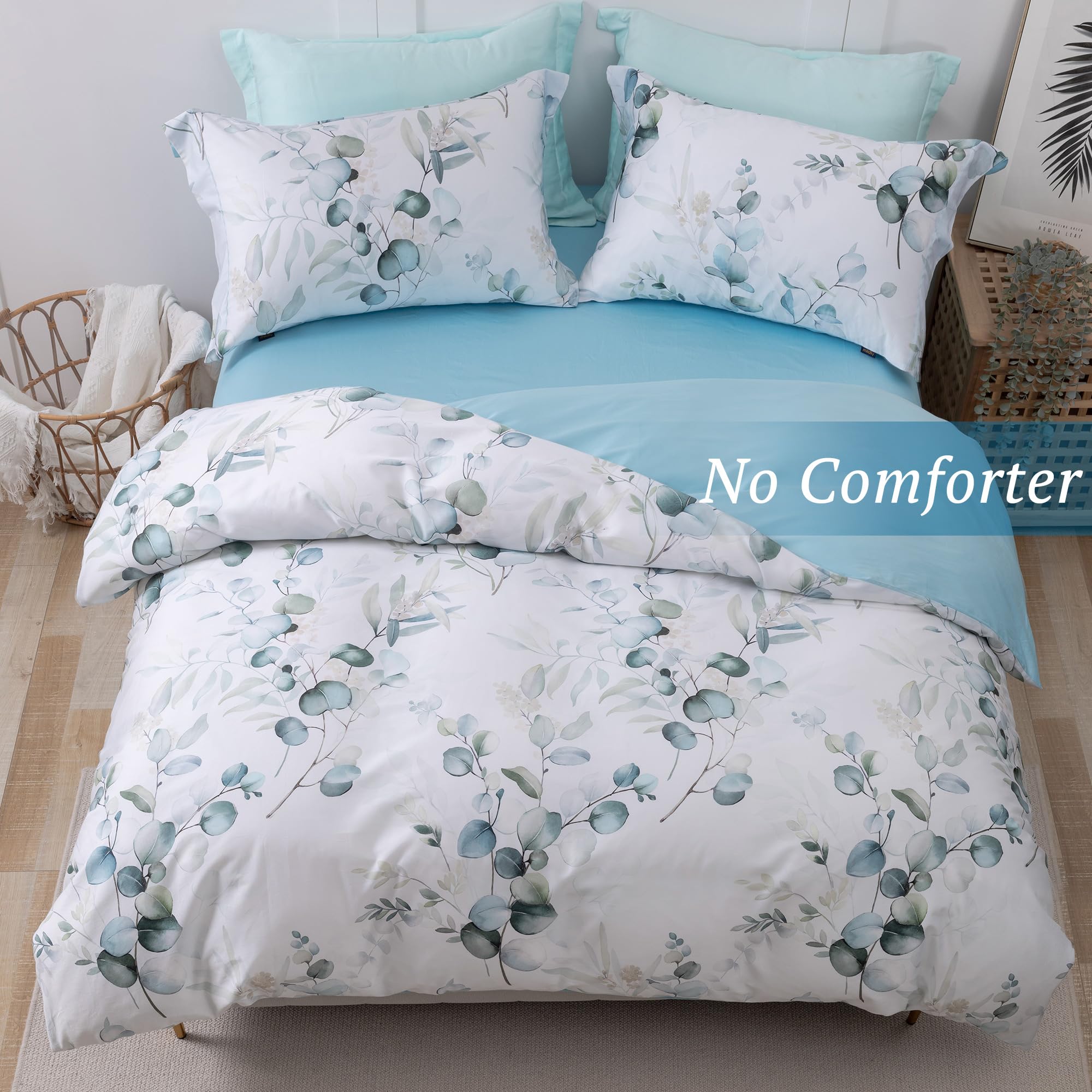 Mildly 100% Long-Staple Cotton Duvet Cover Set Baby Blue Teal Gradient Leaf Pattern Printed Comforter Cover 3Pcs, Ultra Soft & B
