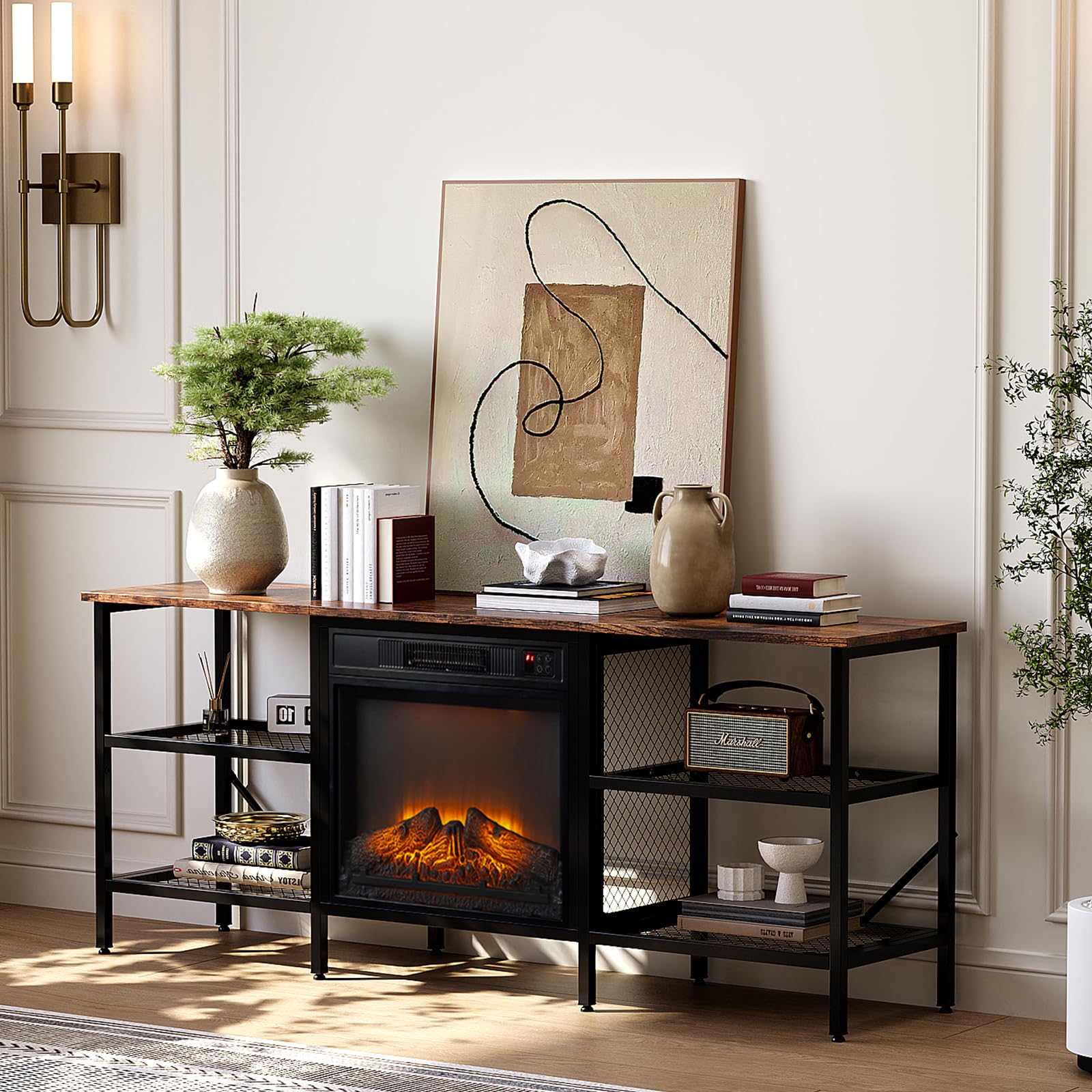 VINGLI 58 Fireplace TV Stand, Entertainment Center with 18'' Electric Fireplace Heater, Fireplace Media Console Table with Open 