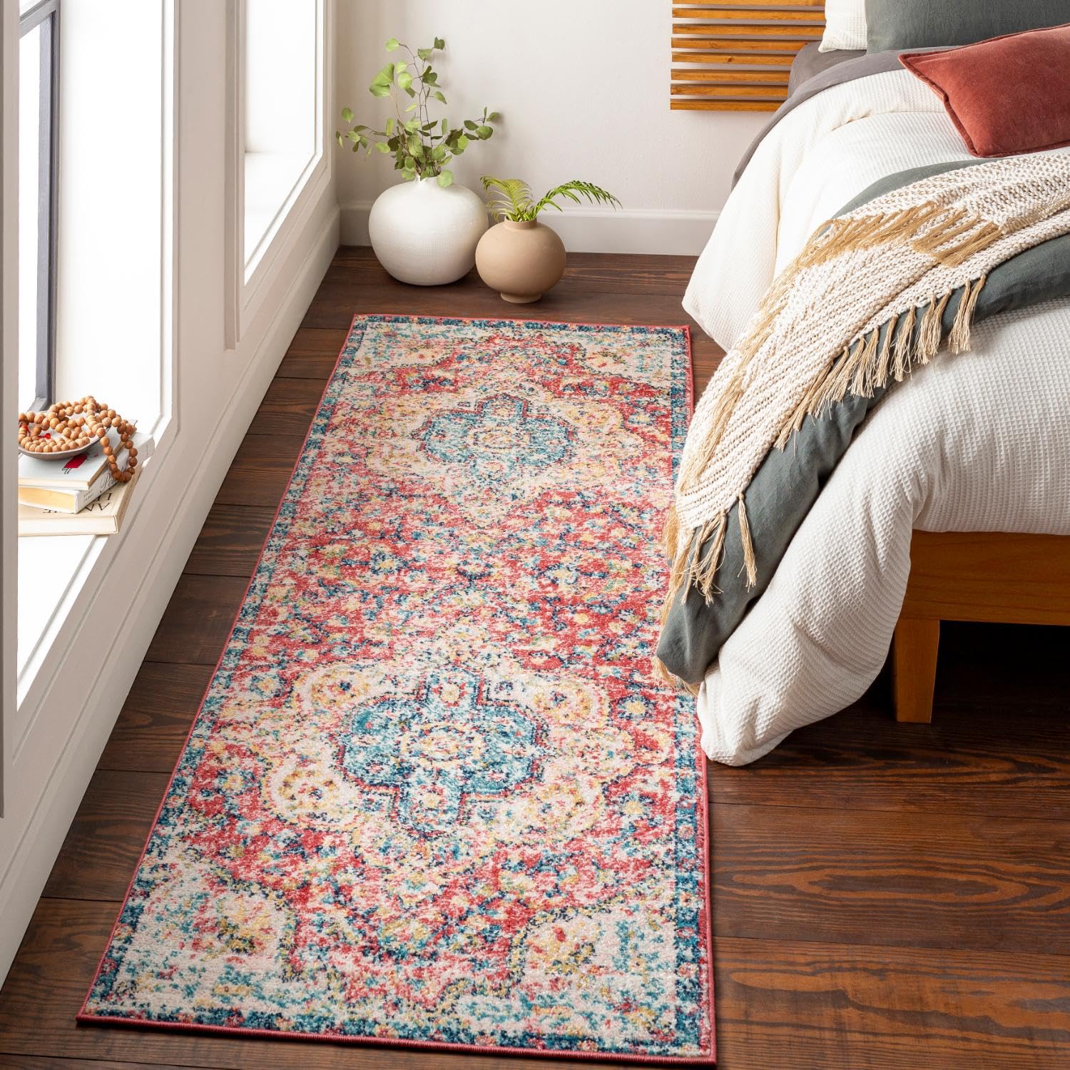 Livabliss Romaine Vintage Medallion Runner Area Rug, 27 x 76, Rose/Navy