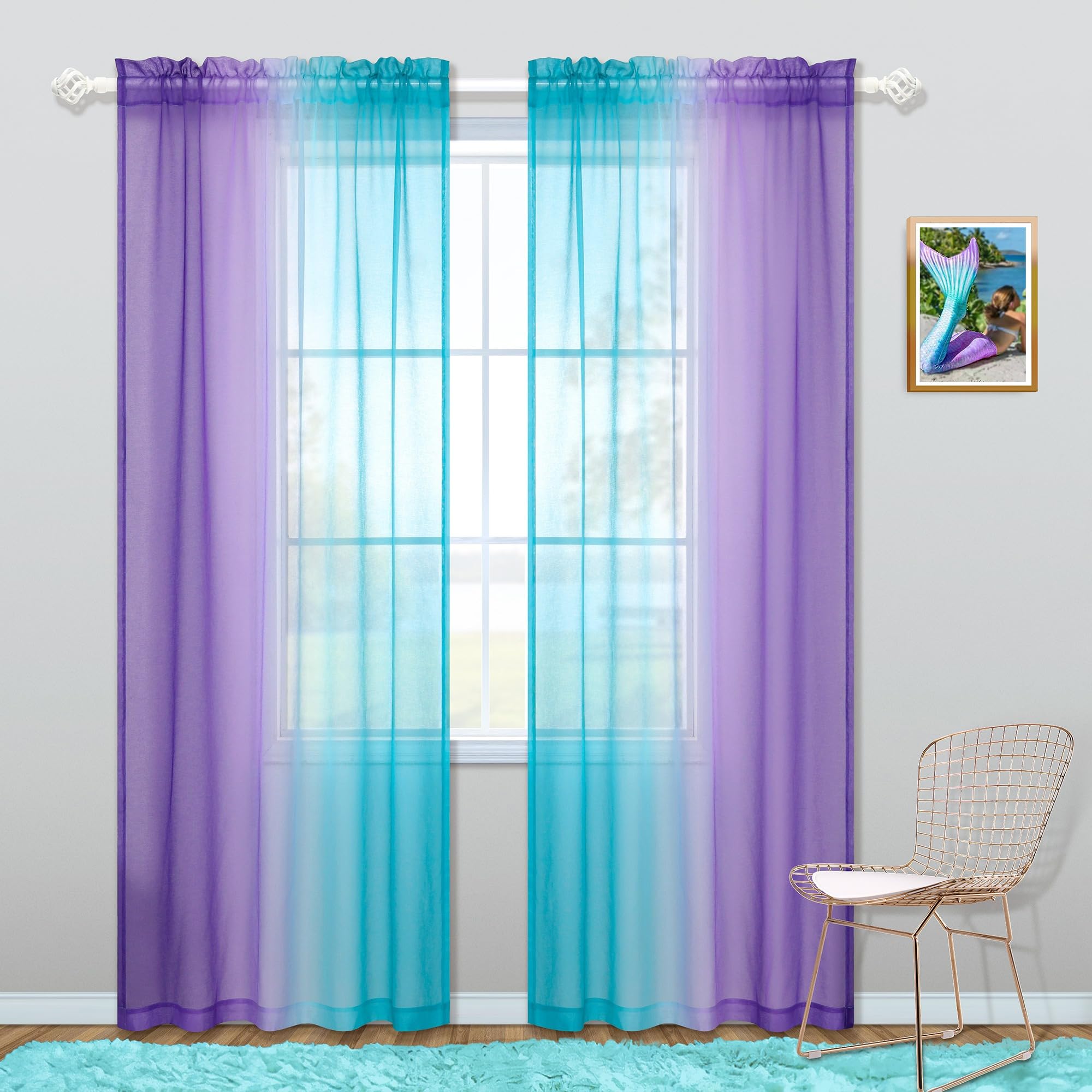 Kids Curtain Rod Pocket For Girls Bedroom Sets Coloful Ombre Aqua Turquoise Teal Lilac Purple Window Sheer Drapes Aesthetic Merm