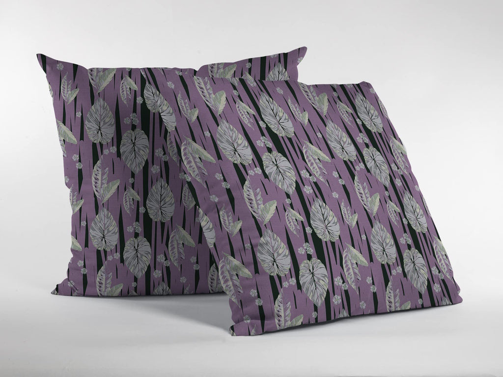 HomeRoots Pink and White Broadcloth 28â€ Lavender Black Fall Leaves Indoor Outdoor Throw Pillow