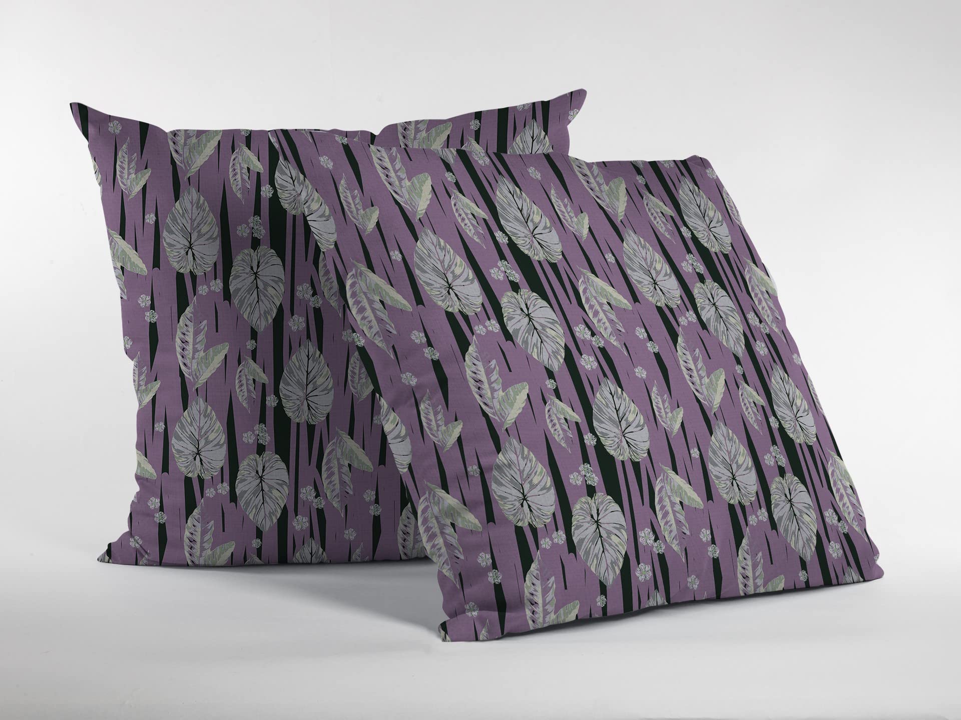 HomeRoots Pink and White Broadcloth 28â€ Lavender Black Fall Leaves Indoor Outdoor Throw Pillow