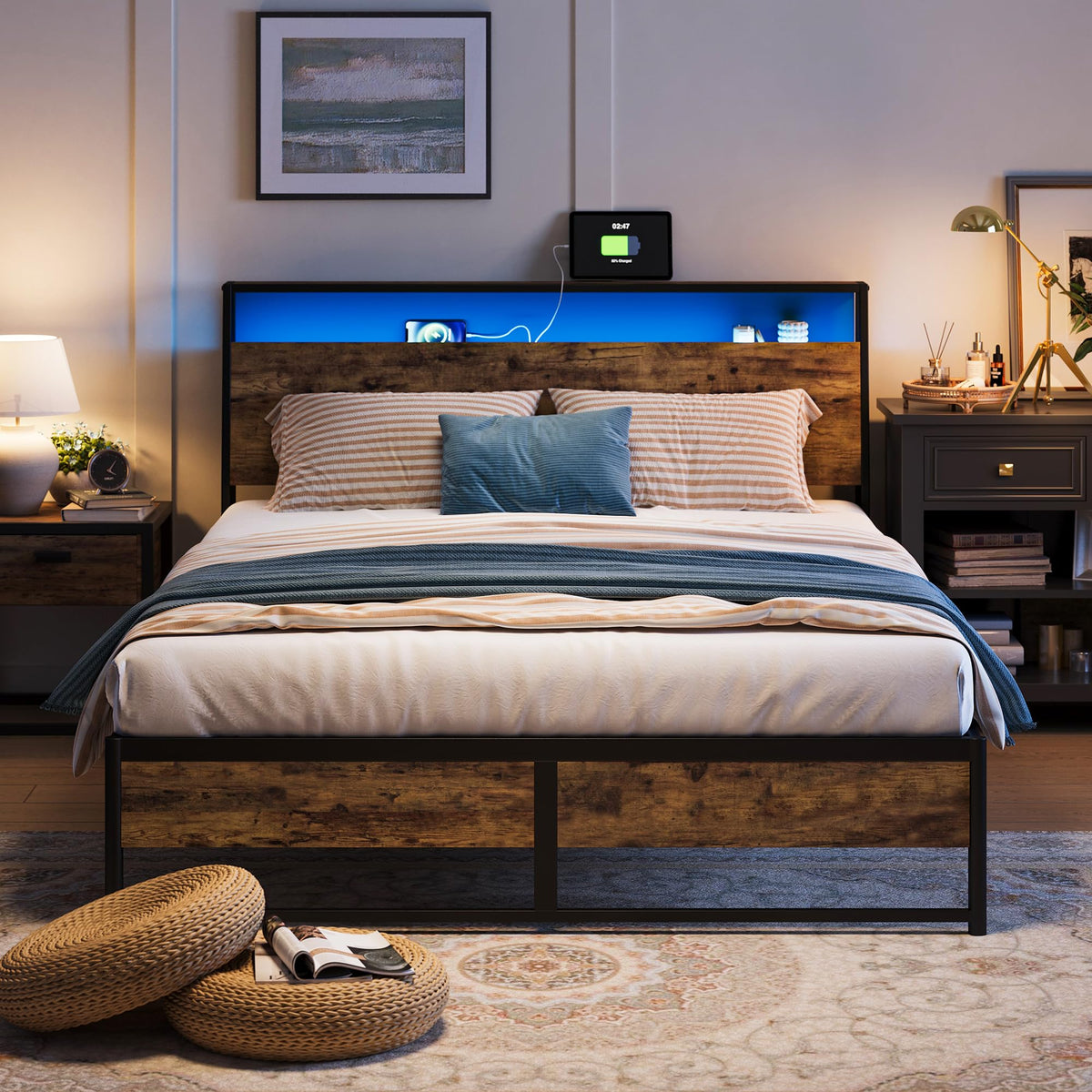 Linsy Queen Bed Frame With Ergonomic Headboard, Fast Assembly Metal Industrial Bed Frame With Lights & Charging, 14 Inch Bed Fra