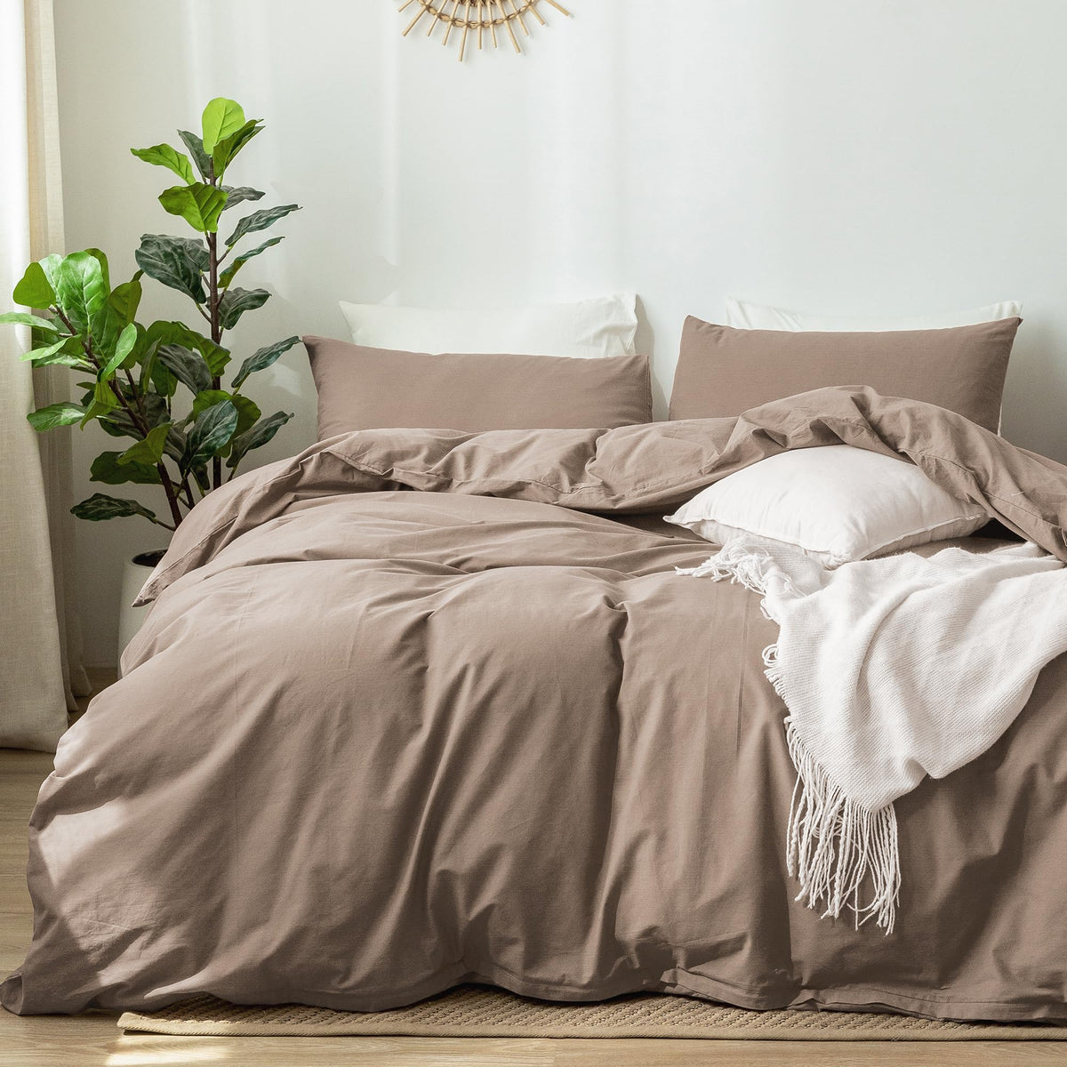 Moomee Bedding Duvet Cover Set 100% Washed Cotton Linen Like Textured Breathable Durable Soft Comfy (Brown, King)