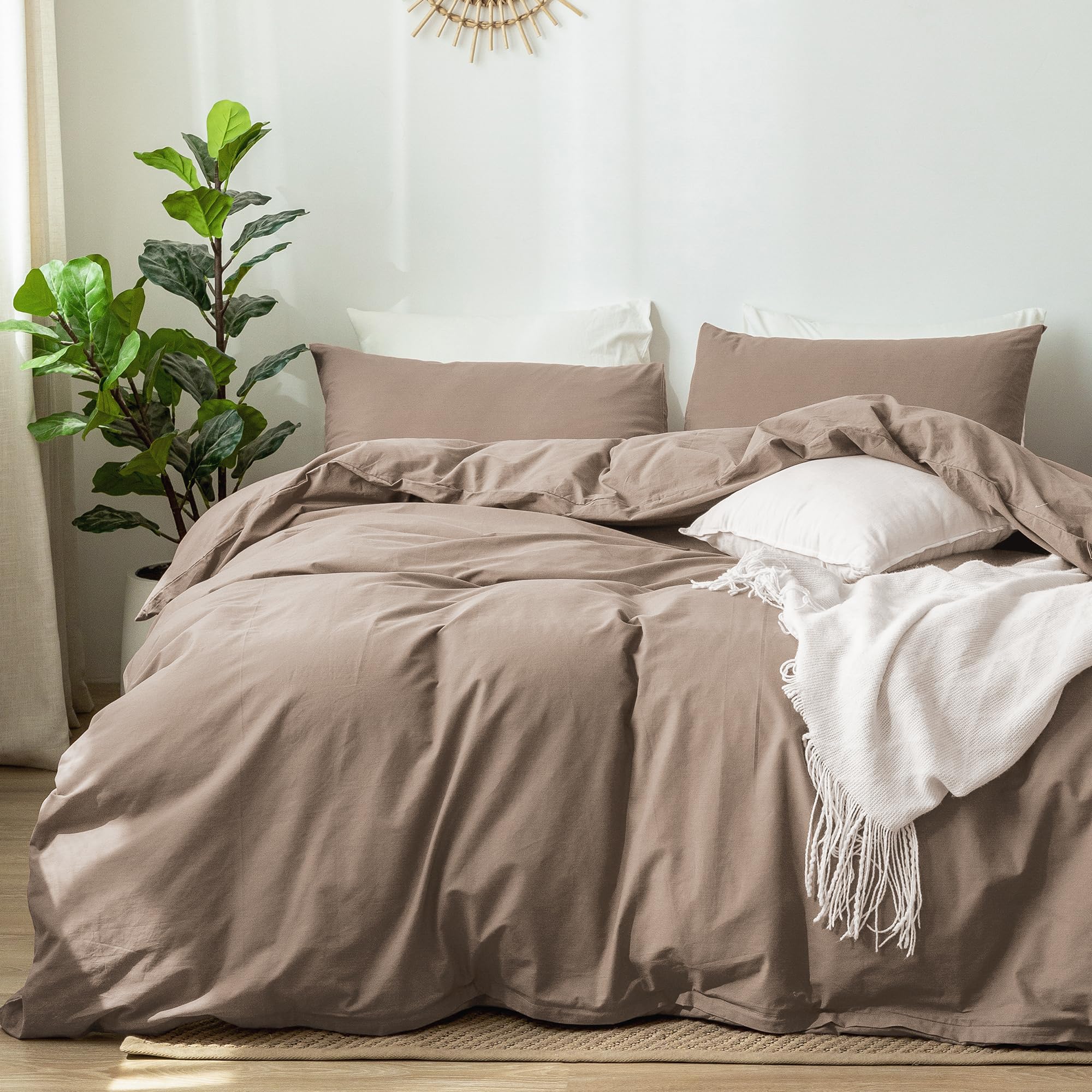 Moomee Bedding Duvet Cover Set 100% Washed Cotton Linen Like Textured Breathable Durable Soft Comfy (Brown, King)