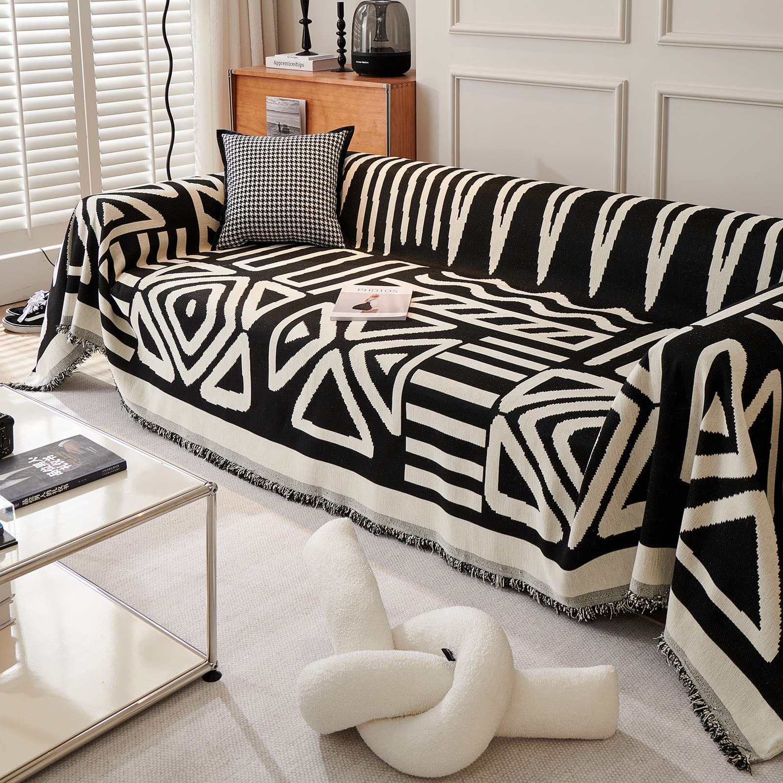 Handontime Boho Sofa Covers For Dogs Black Couch Sofa Covers For 3 Cushion Couch Sofa Beige Chenille Sofa Slipcover Couch Covers For Sectional L Shaped Couch Pets Protector Furniture Covers, 91' X134'