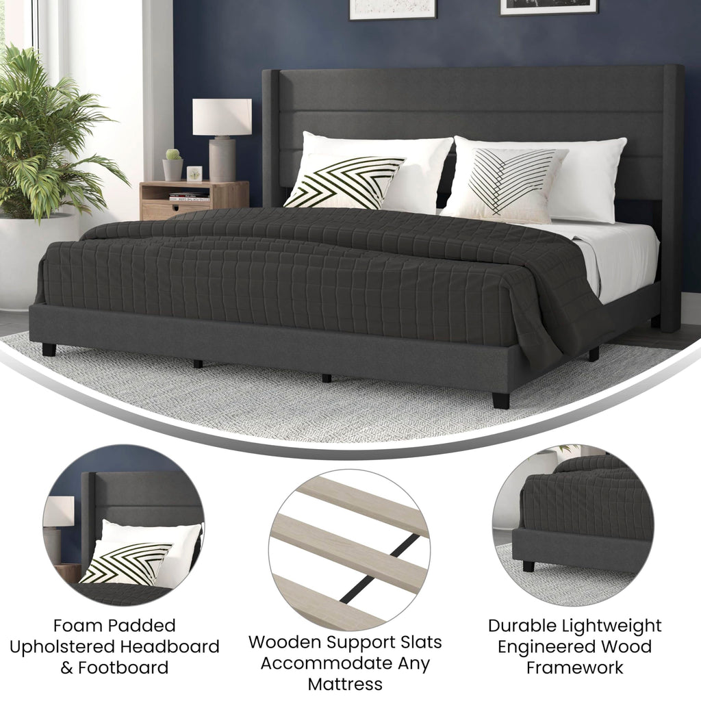 Flash Furniture Hollis Upholstered Platform Bed - Charcoal Faux Linen Wingback Headboard - King - Mattress Foundation With Slatted Supports - No Box Spring Needed