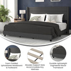 Flash Furniture Hollis Upholstered Platform Bed - Charcoal Faux Linen Wingback Headboard - King - Mattress Foundation With Slatted Supports - No Box Spring Needed