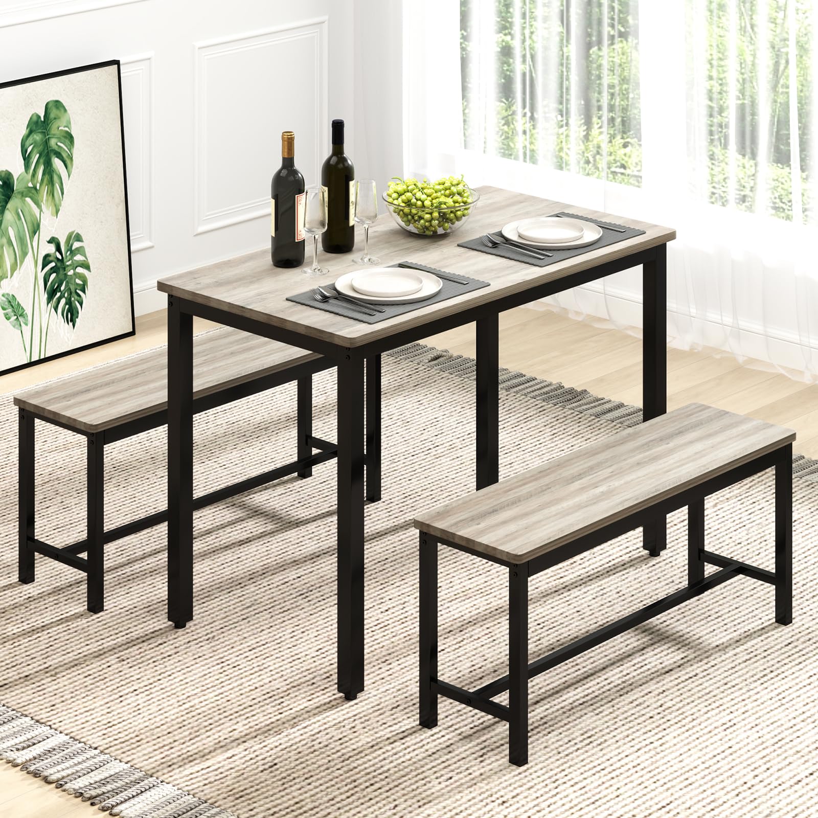 Rovibek Dining Room Table Chairs Set For 4, Modern Space Saving Kitchen Table With 2 Benches & Adjustable Feet Breakfast Table,
