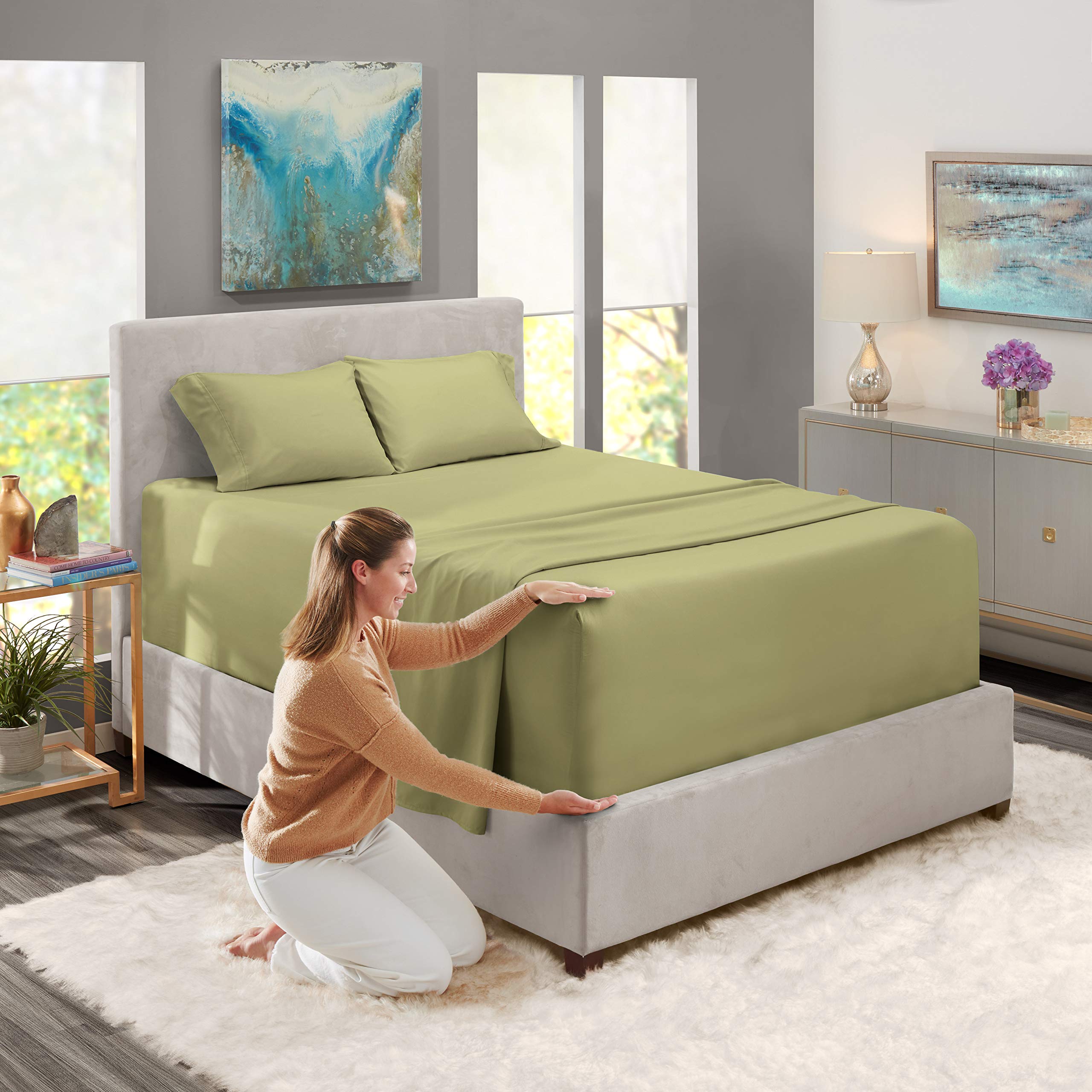 Nestl Extra Deep Pocket Sheets - Fits Mattress 18-24 Inches Deep, Extra Deep Pocket Full Size Sheets Sets, 4 Piece Full Size Sheets, Full Sheets Deep Pocket, Sage Olive Green Sheets