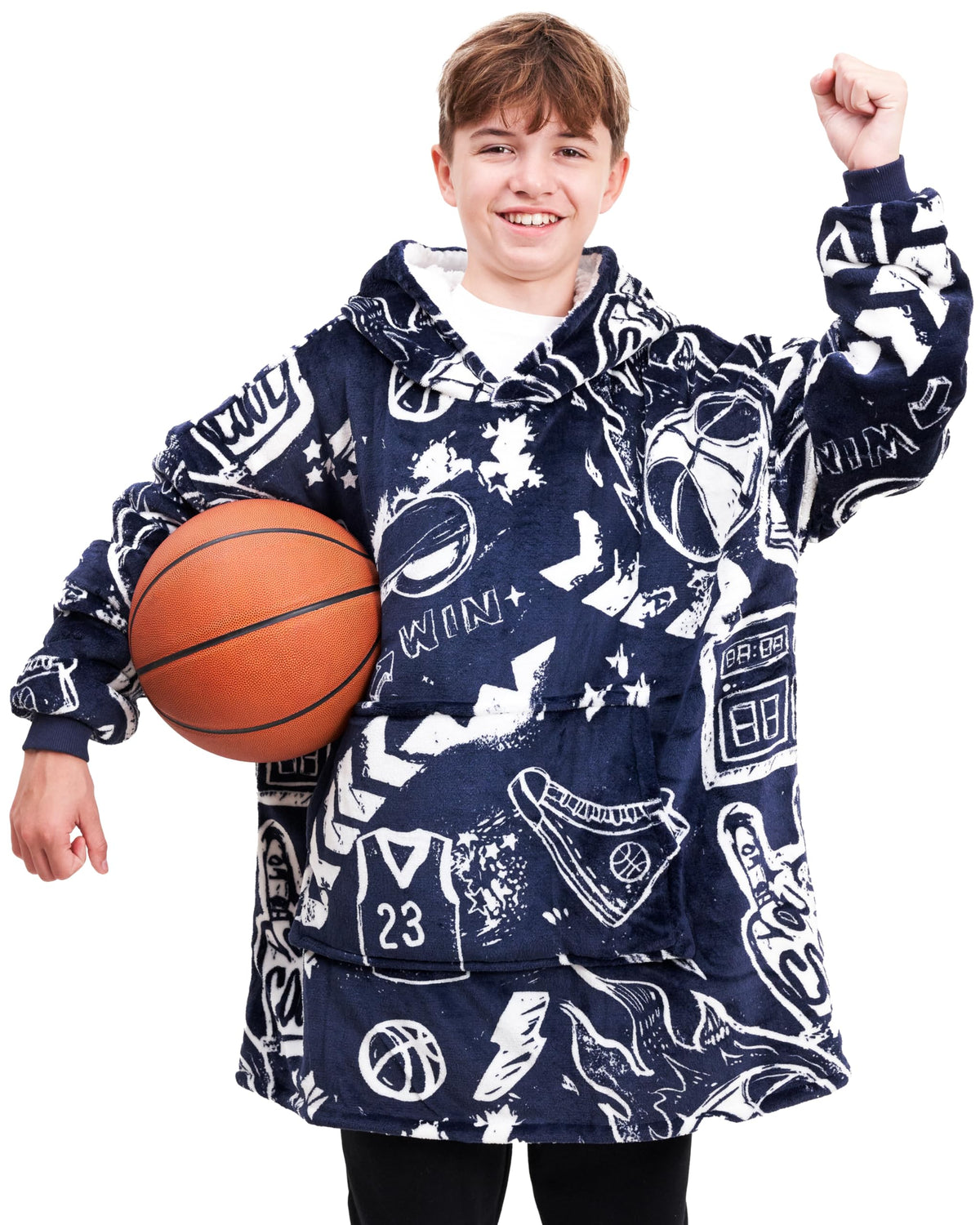 The Big Softy Oversized Blanket Hoodie Kids- Basketball Graphic Print Black Oversized Hoodie, Super Soft Sherpa Warm Hooded Blan
