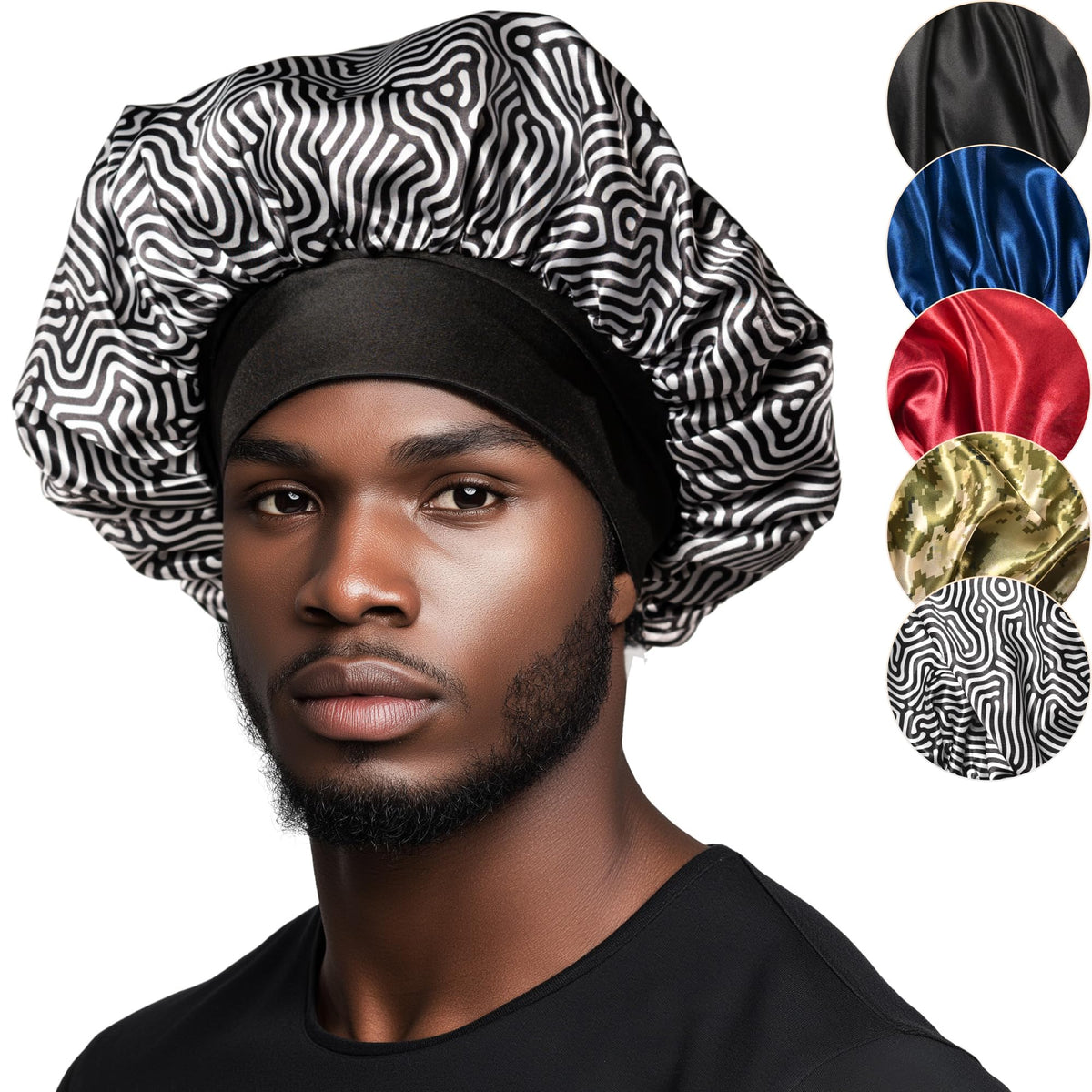 Niagara Satin Bonnet Men - Black & White Bonnet for Sleeping Men - Reversible Night Cap - Mens Bonnet for Curly Hair - Large Bon