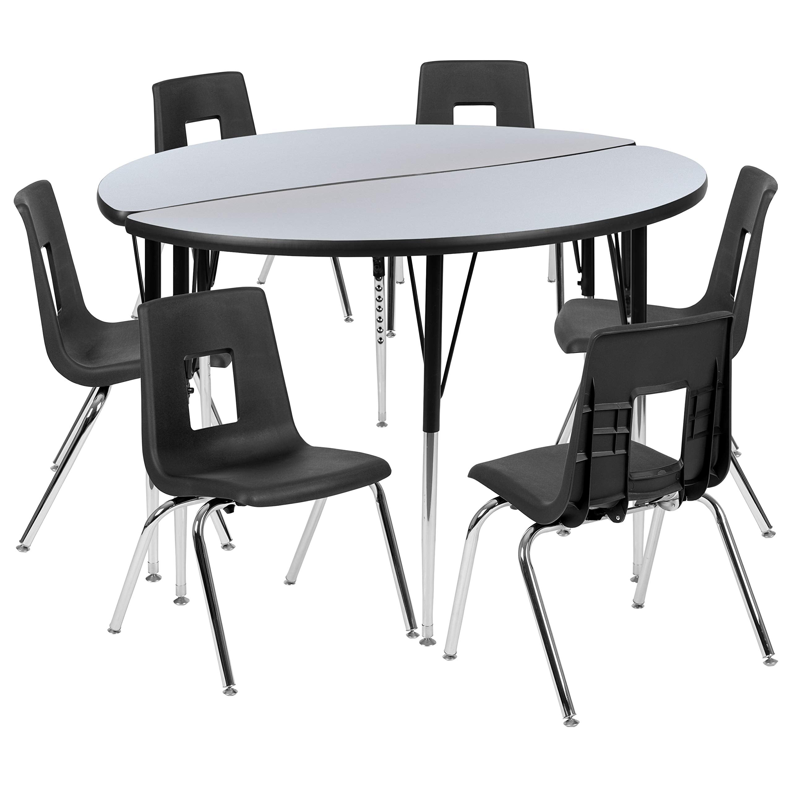 Flash Furniture 47.5' Circle Wave Collaborative Laminate Activity Table Set With 18' Student Stack Chairs, Grey/Black