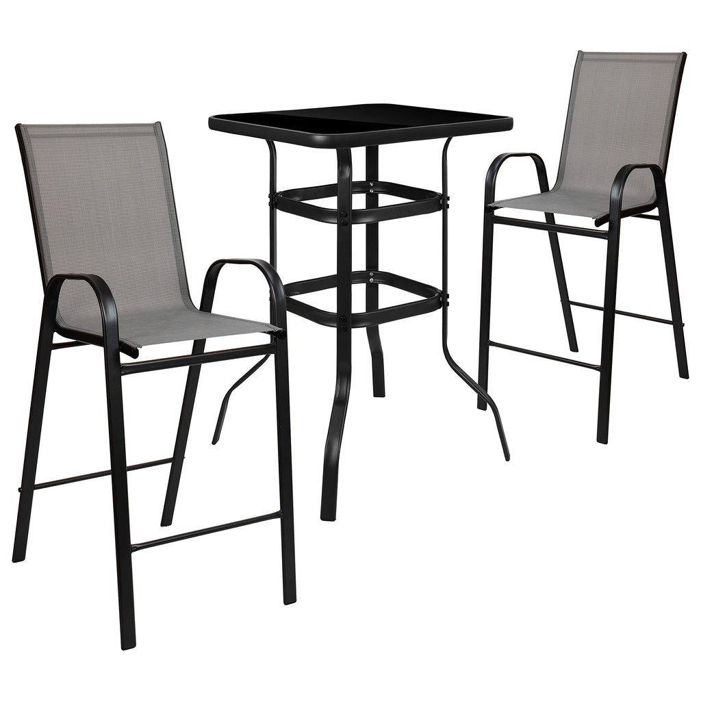 Flash Furniture Brazos Bar Table Set - 3 Piece Glass Brazos Bar Table with 2 Gray Patio Bar Stools - Brazos Outdoor Chairs