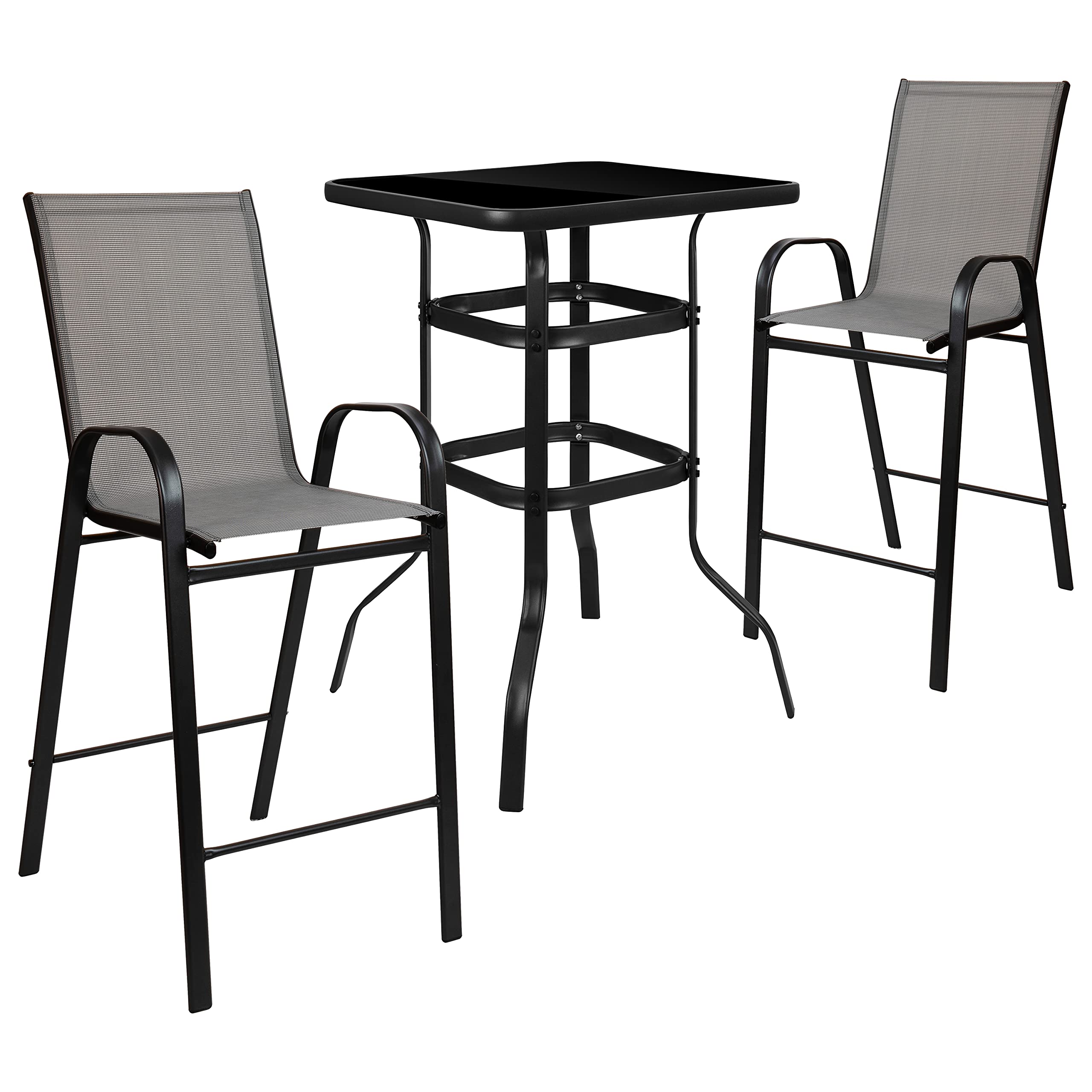 Flash Furniture Brazos Bar Table Set - 3 Piece Glass Brazos Bar Table with 2 Gray Patio Bar Stools - Brazos Outdoor Chairs