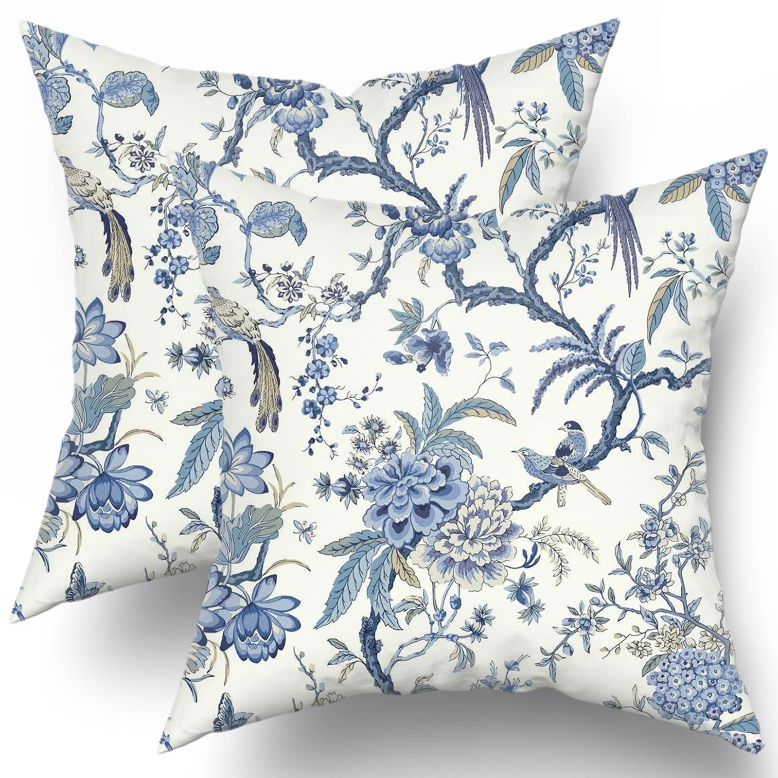 Chinoiserie Pillow Covers Set Of 2 Blue And White Outdoor Pillows Bule Birds Flowers Throw 18X18 Inch Cotton Square Cushion Cove
