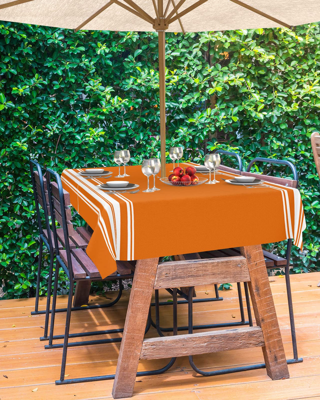 Fall Outdoor Tablecloth With Umbrella Hole, Farmhouse Orange White Stripe Rectangle Tables Zippered Table Cloth Waterproof Table