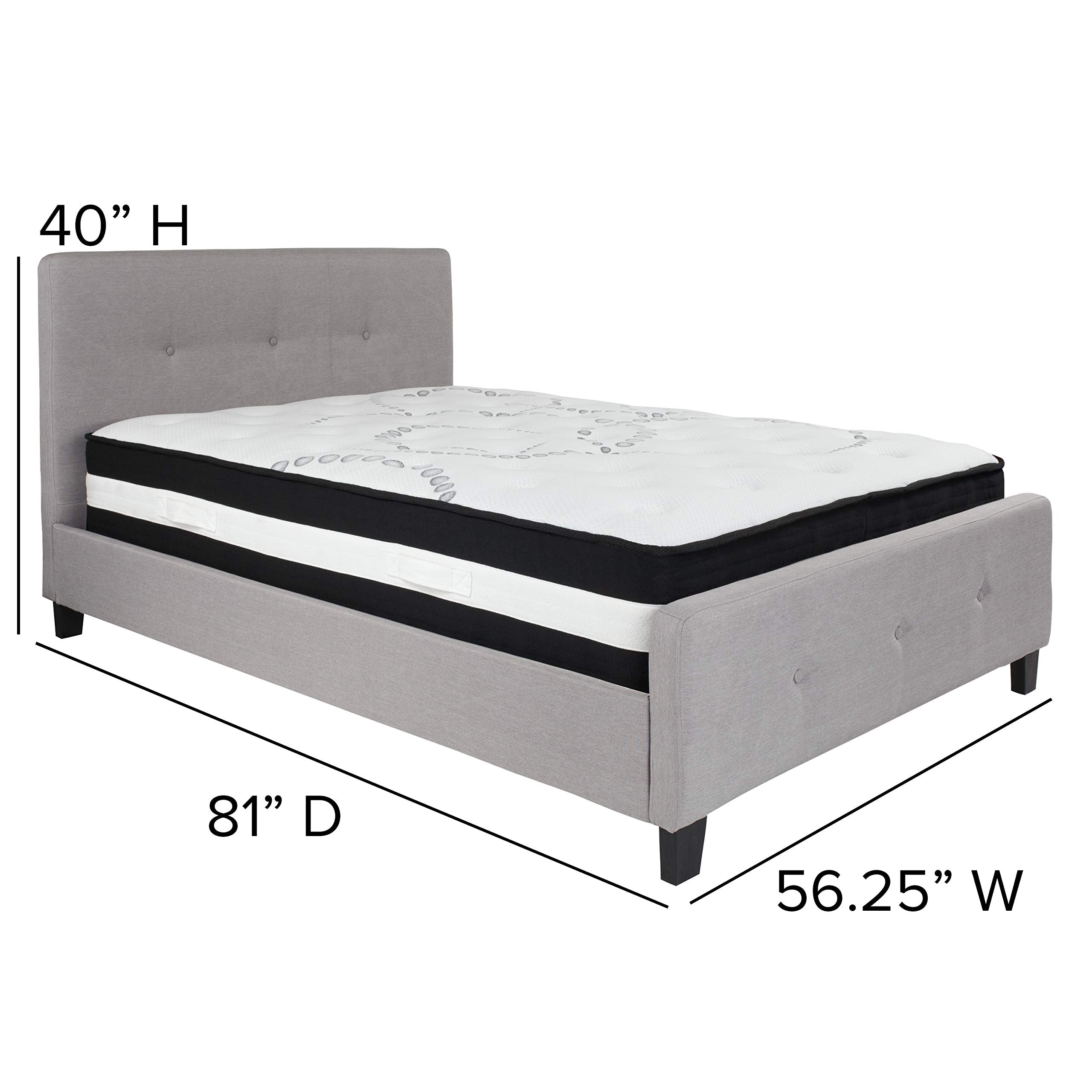 Flash Furniture Tribeca Full Size Tufted Upholstered Platform Bed in Light Gray Fabric with Pocket Spring Mattress