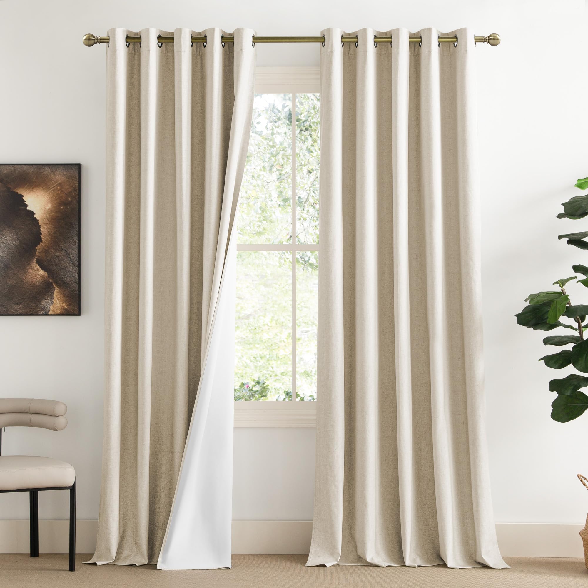 NICETOWN 100% Absolutely Blackout Linen Curtains with Thermal Insulated White Liner, Beige, W62, 2 Pieces, Noise Reducing Textur