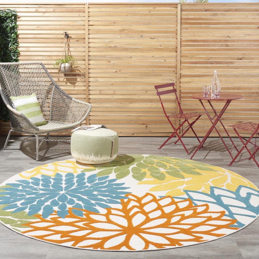 Nourison Aloha Indoor/Outdoor Floral Turquoise Multicolor 7'10' X Round Area Rug, (8' Round)