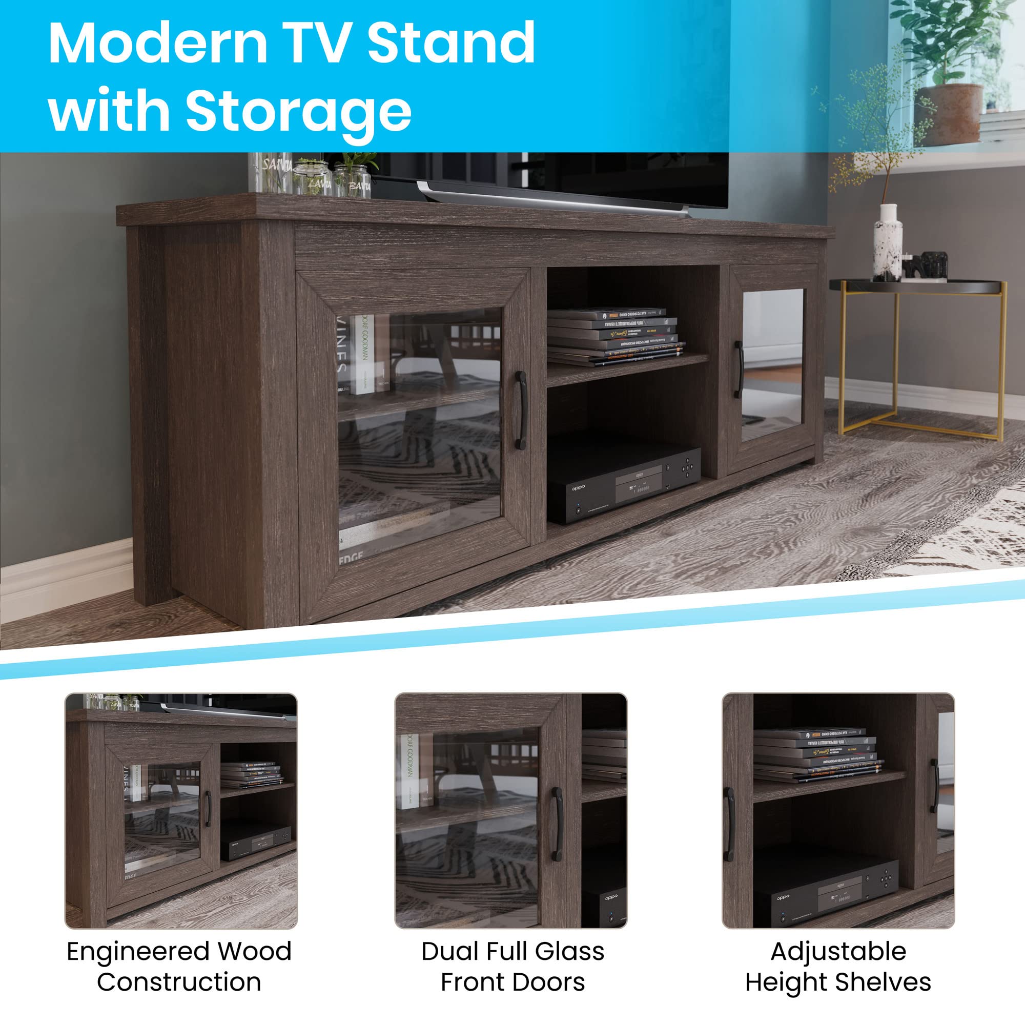 Flash Furniture Sheffield TV Stand up to 80&quot; TVs - Modern Black Wash Finish & Full Glass Doors - 65&quot; Engineered Wood Frame - 3 Height Adjustable Shelves