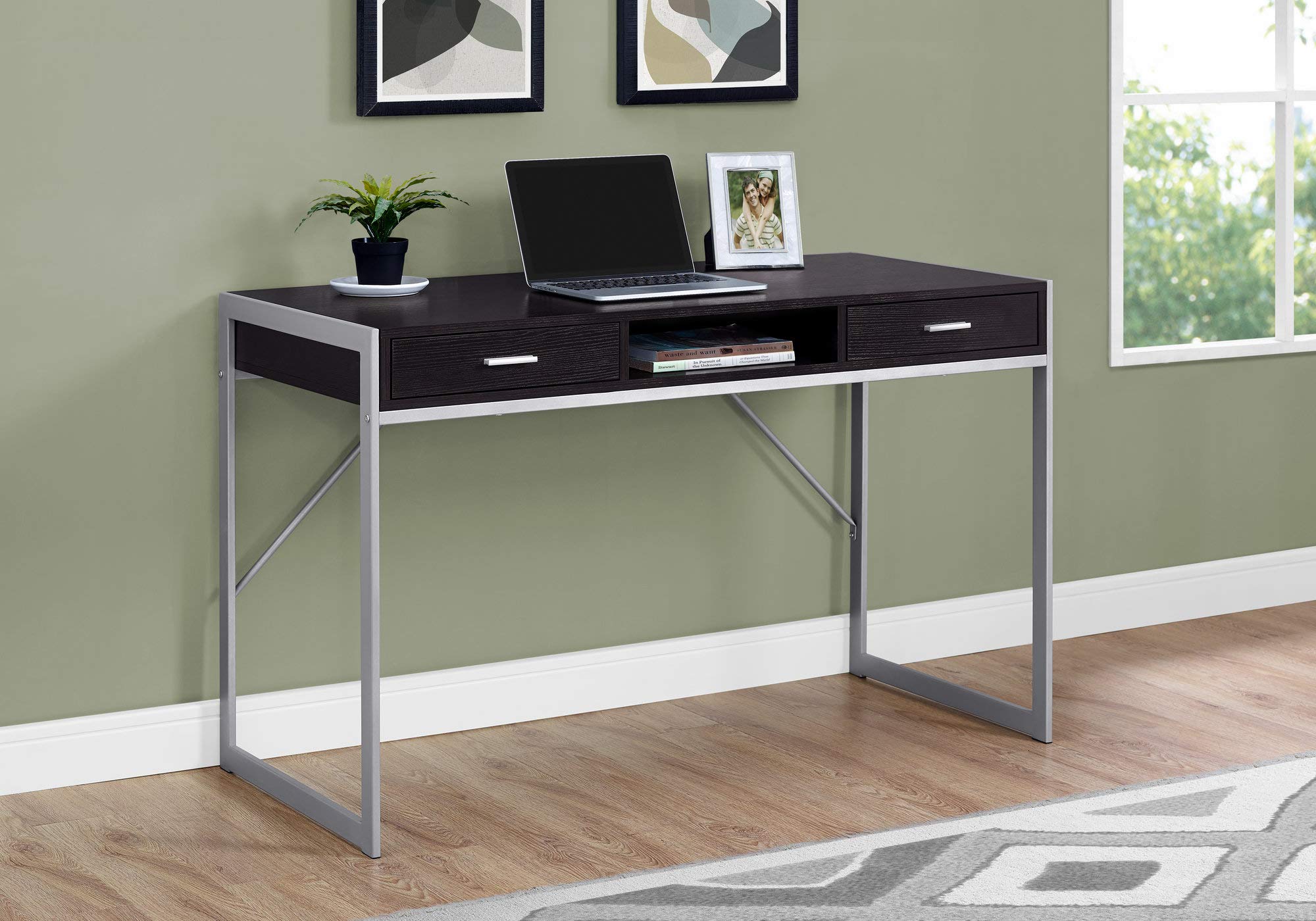 Monarch Specialties Contemporary Laptop Table with Drawers and Shelf Home & Office Computer Desk-Metal Legs, 48' L, Cappuccino