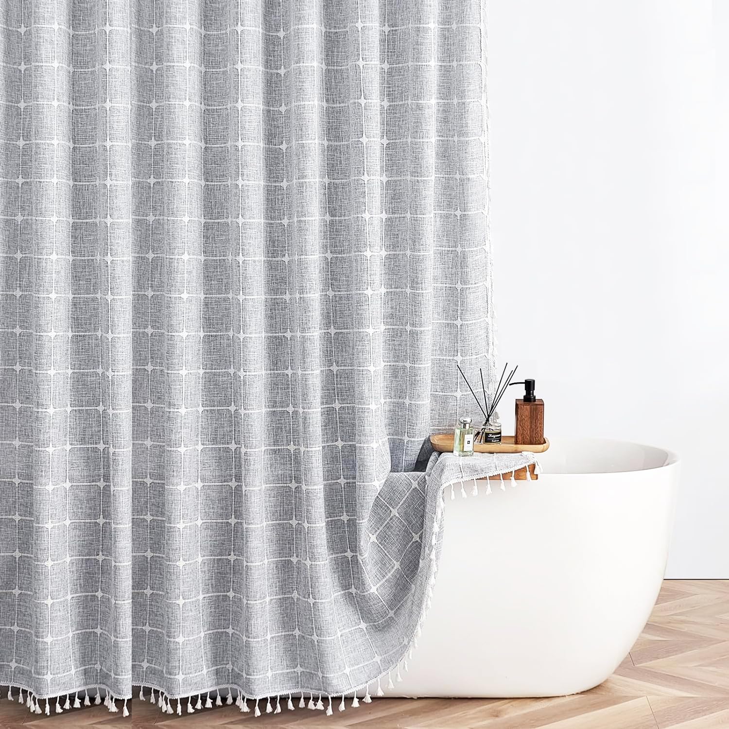 Colorigan Boho Farmhouse Shower Curtain - 72X84 Inches Linen Rustic Fabric Shower Curtain Set With Tassel, Water Repellent Cloth