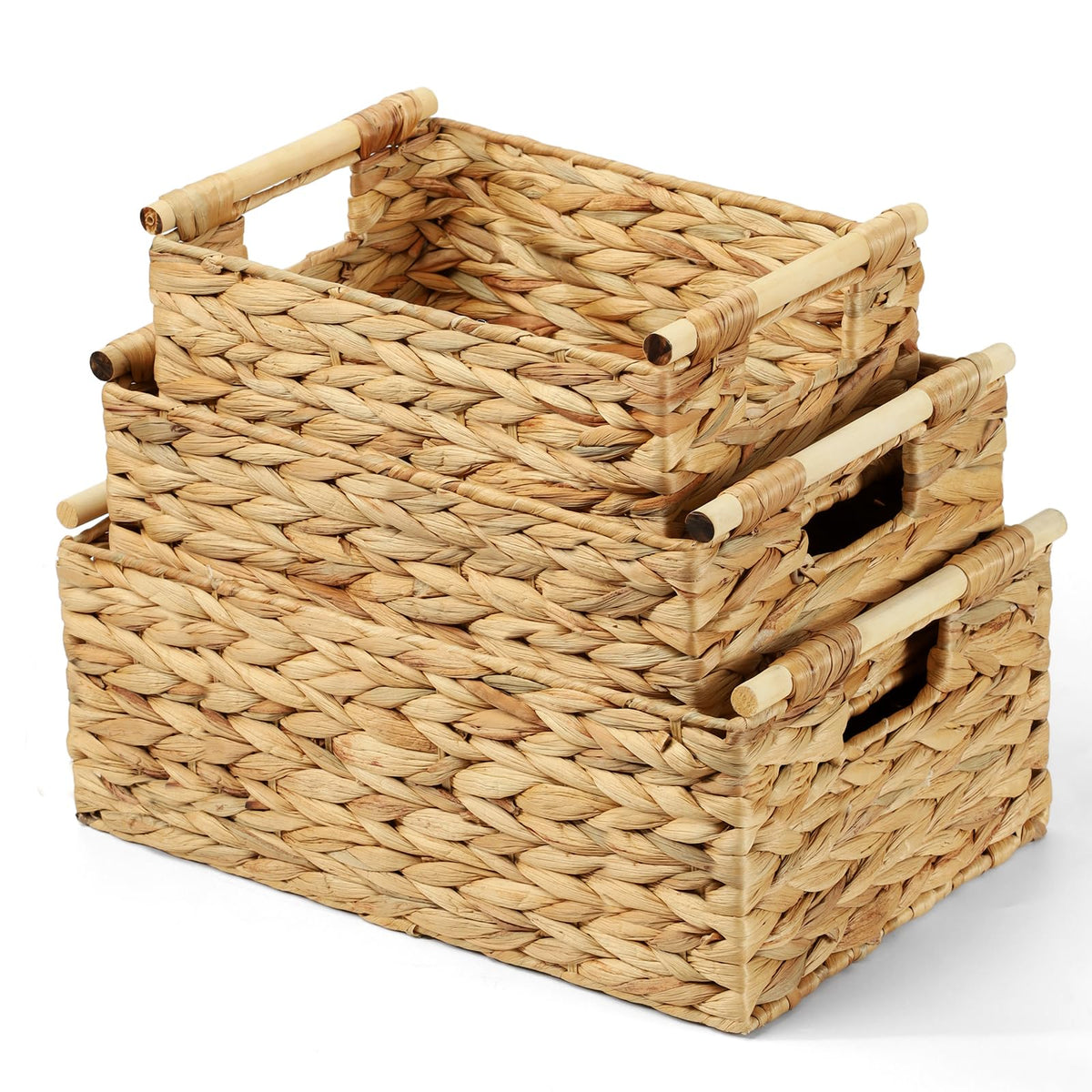 Wicker Storage Baskets for Organizing 3 Pack,Natural Water Hyacinth Ratten Baskets with Wooden Handles, Decorative Handwoven Sto