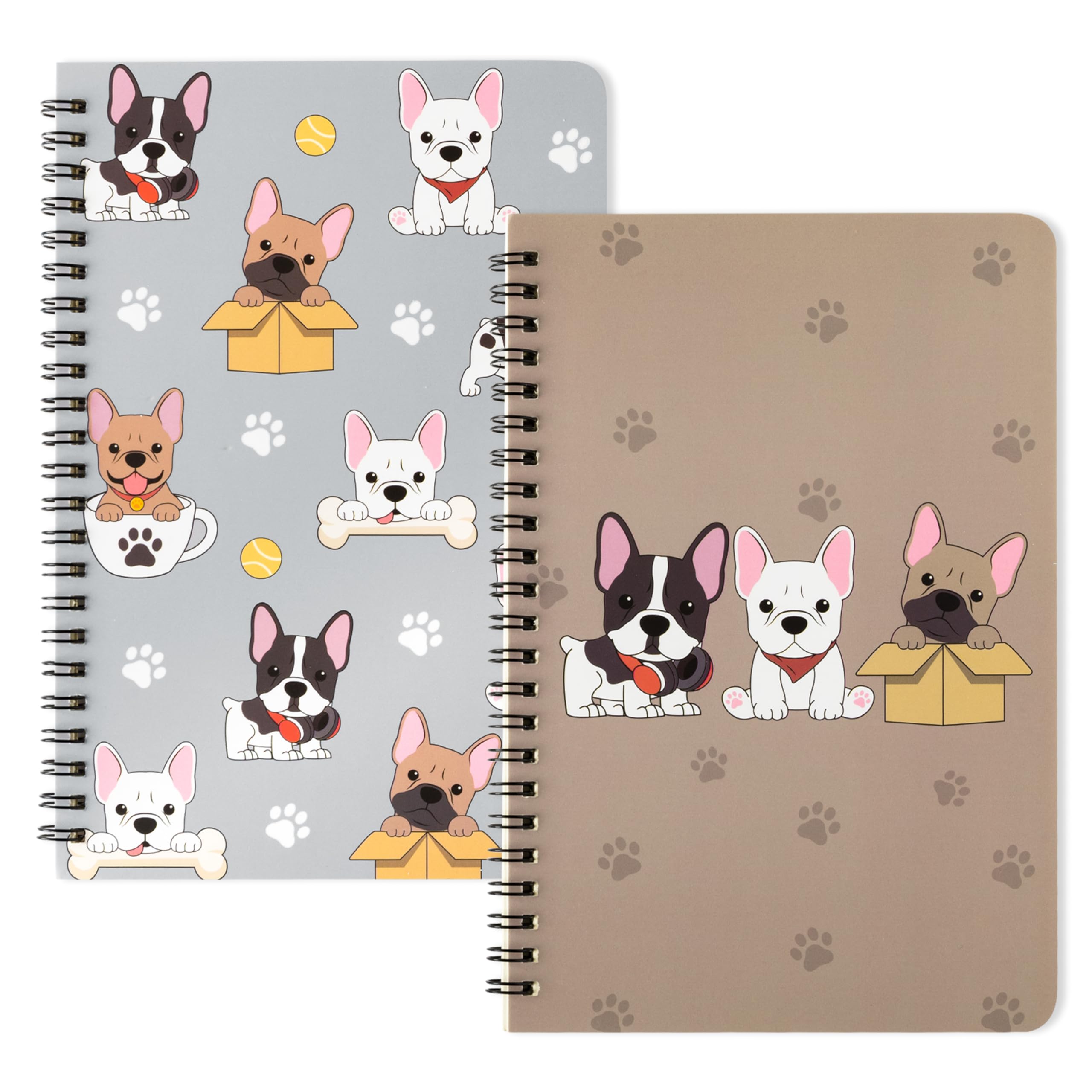 Xqumoi 2Pack A5 Bulldog Spiral Notebooks, Cute Cartoon Bulldog Pattern Ruled Hardbound Journal Writing Notebooks Hardcover Noteb
