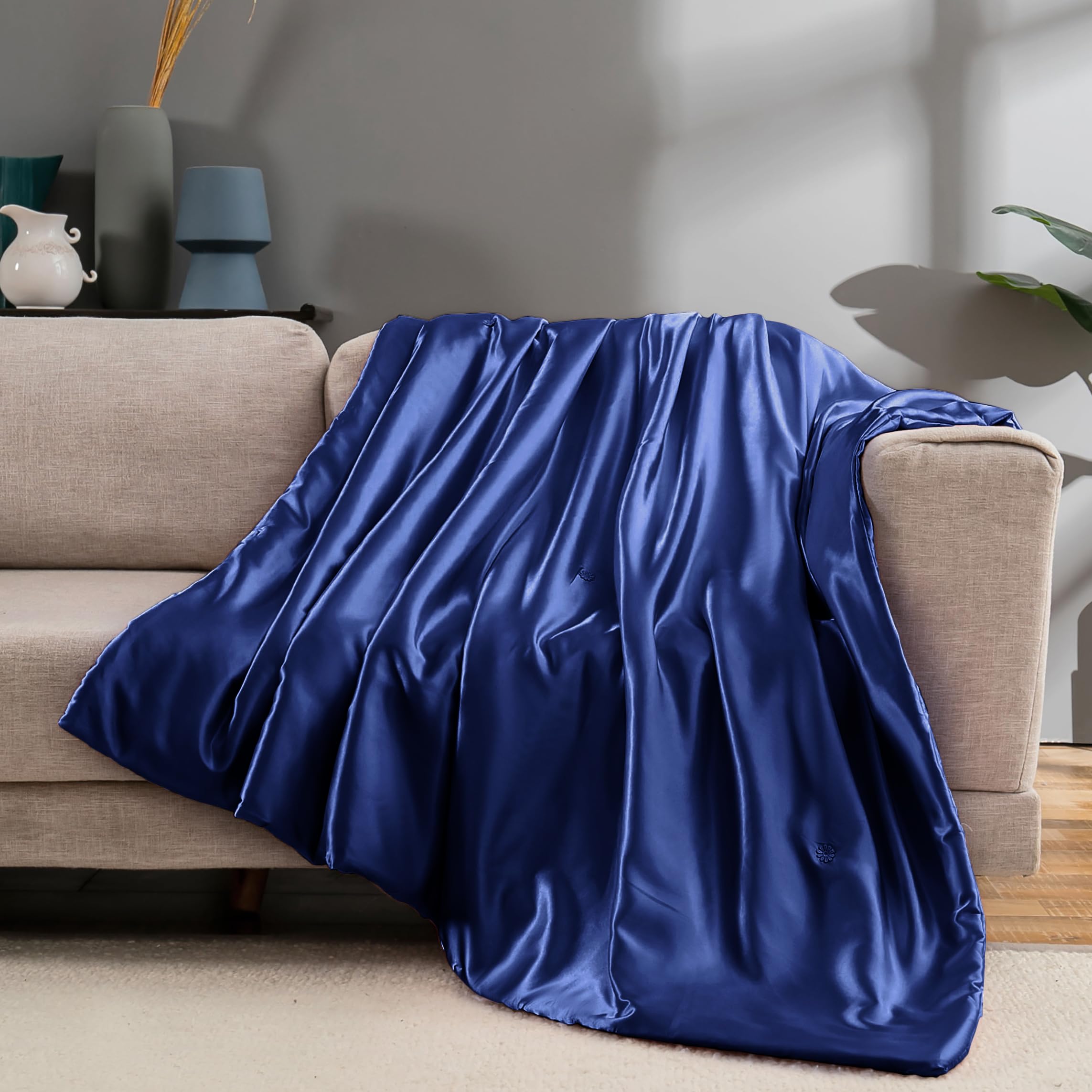 Vonty Satin Throw Blanket Navy Blue Satin Blankets 90X90 Inches(With Small Flowers), Cooling & Silky Throw Blanket Wrinkle-Free